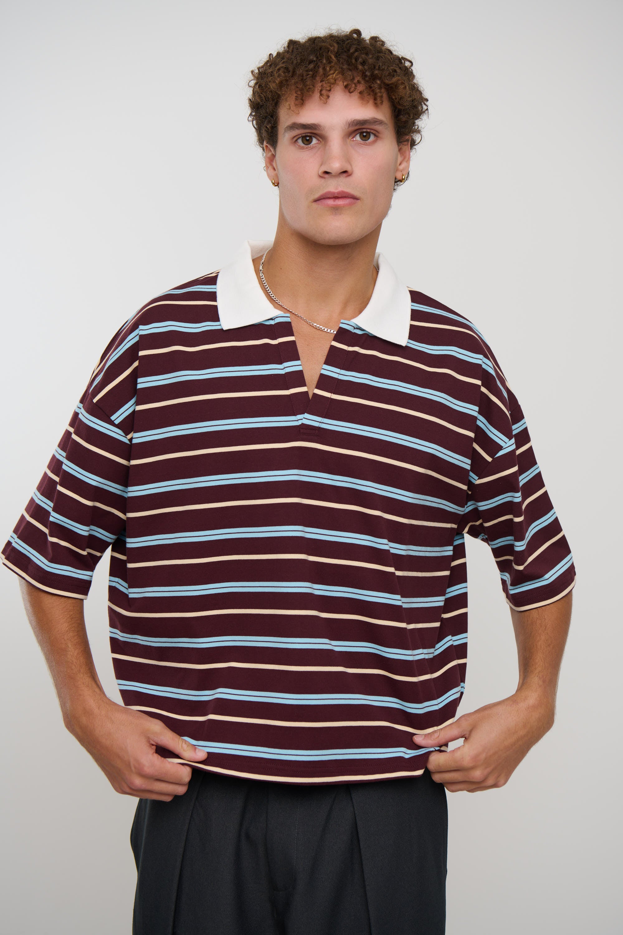 Jersey Crop Polo Wine Stripe