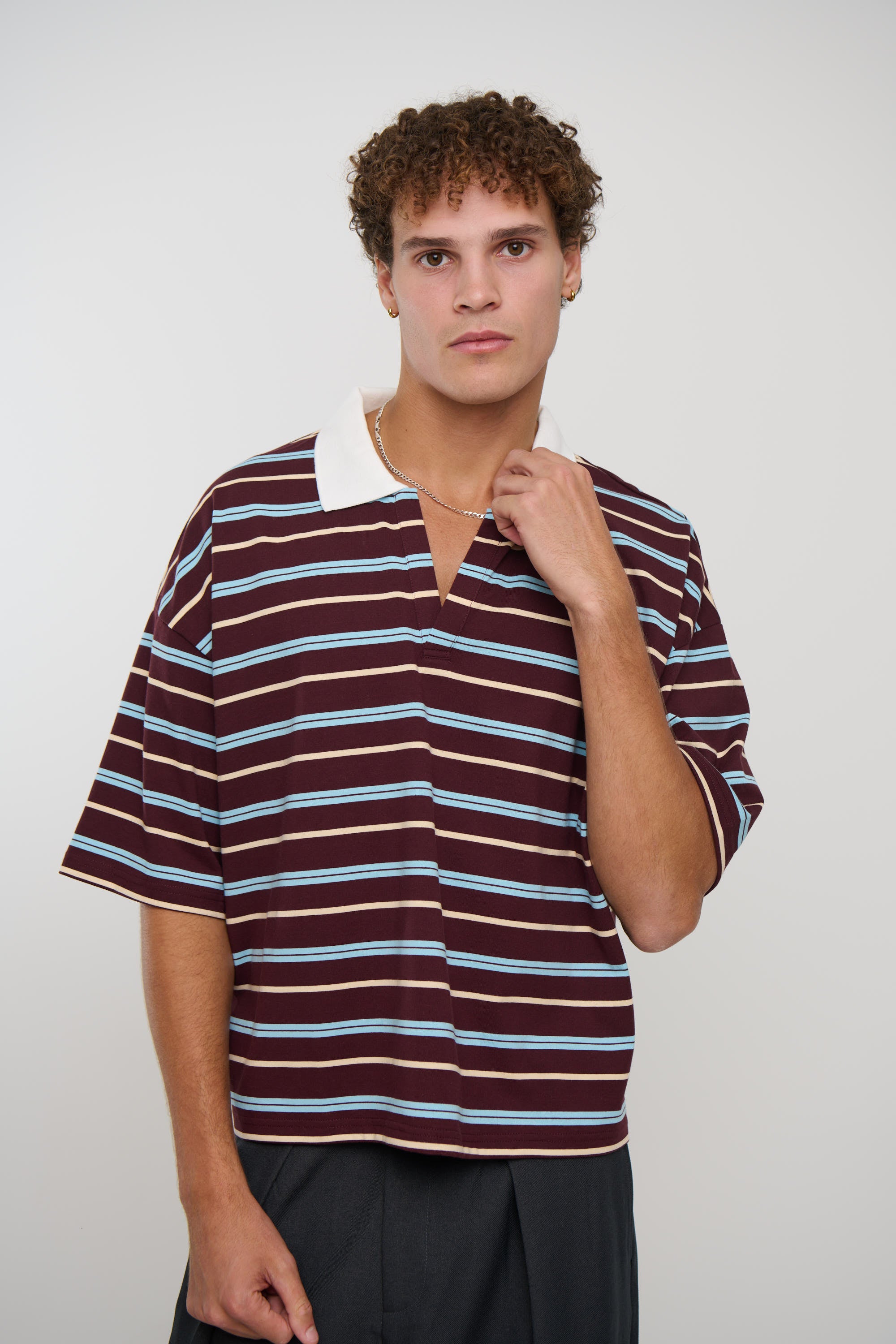 Jersey Crop Polo Wine Stripe