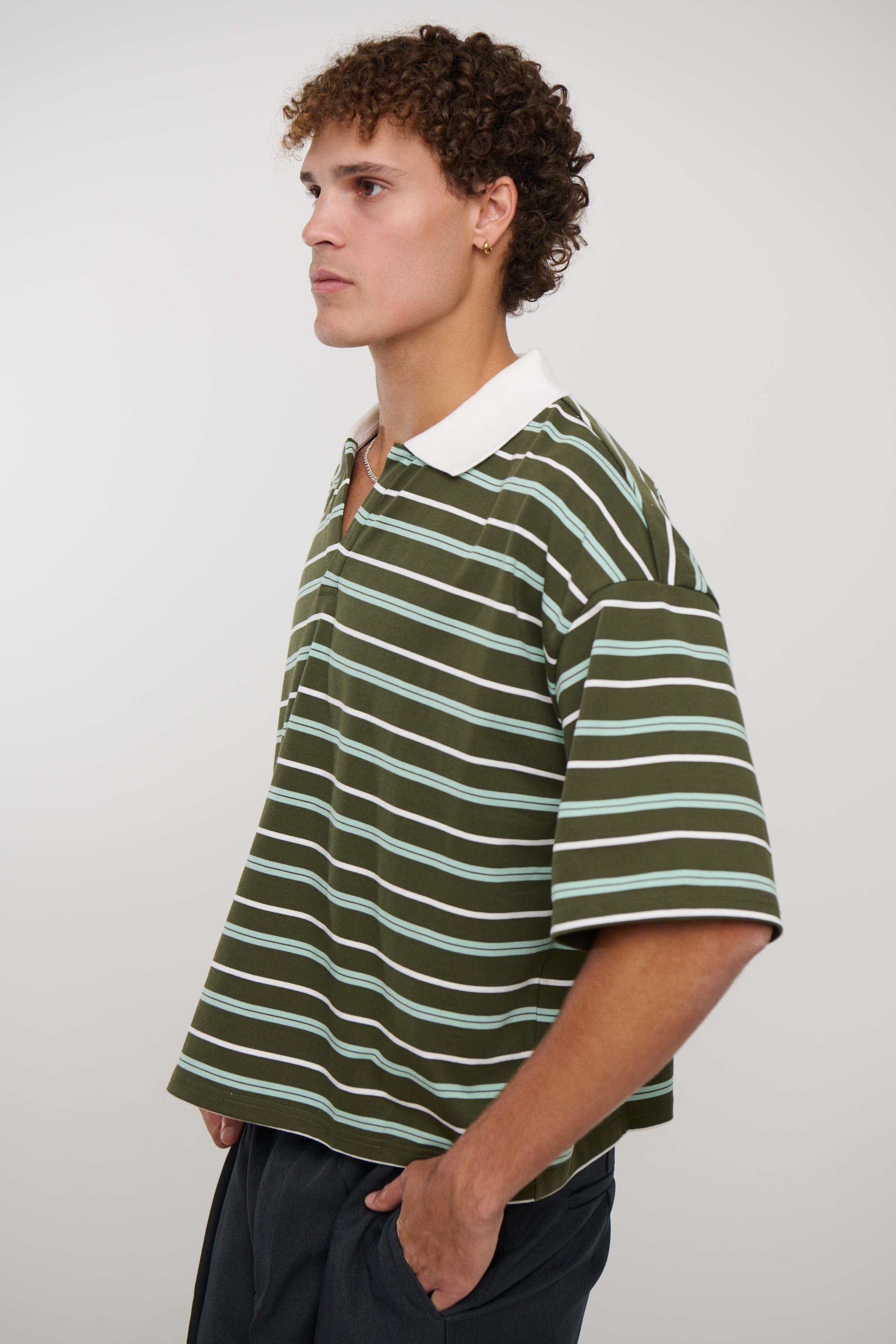 Jersey Crop Polo Olive Stripe
