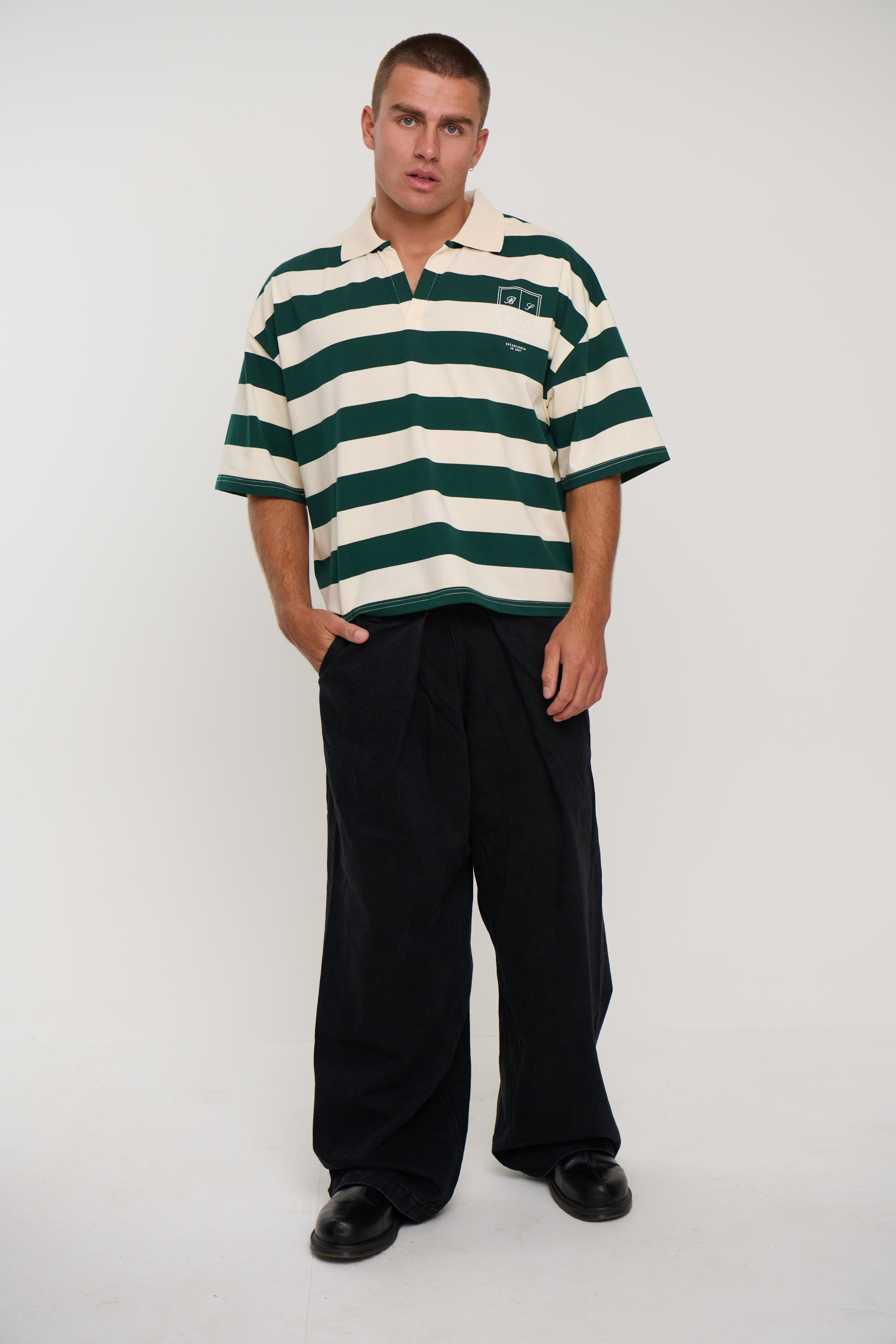 Jersey Crop Polo Stripe Emerald Crest