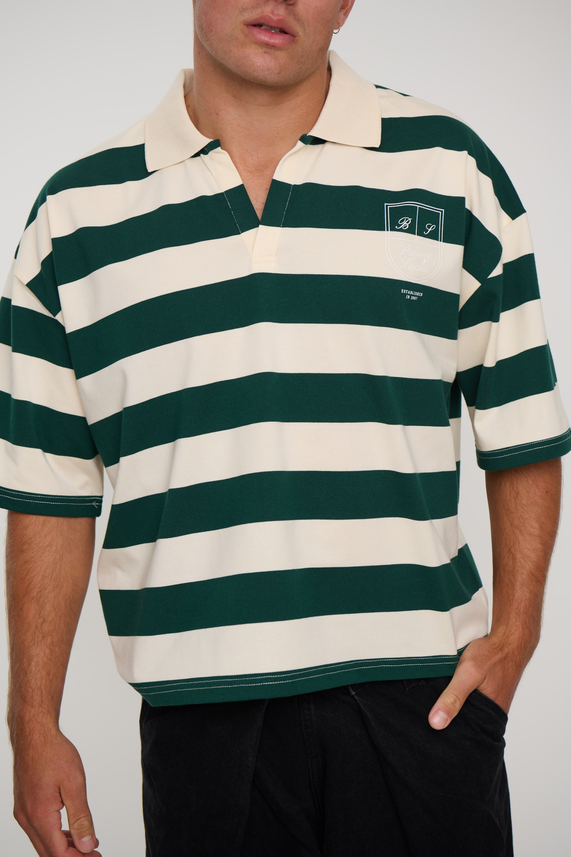 Jersey Crop Polo Stripe Emerald Crest