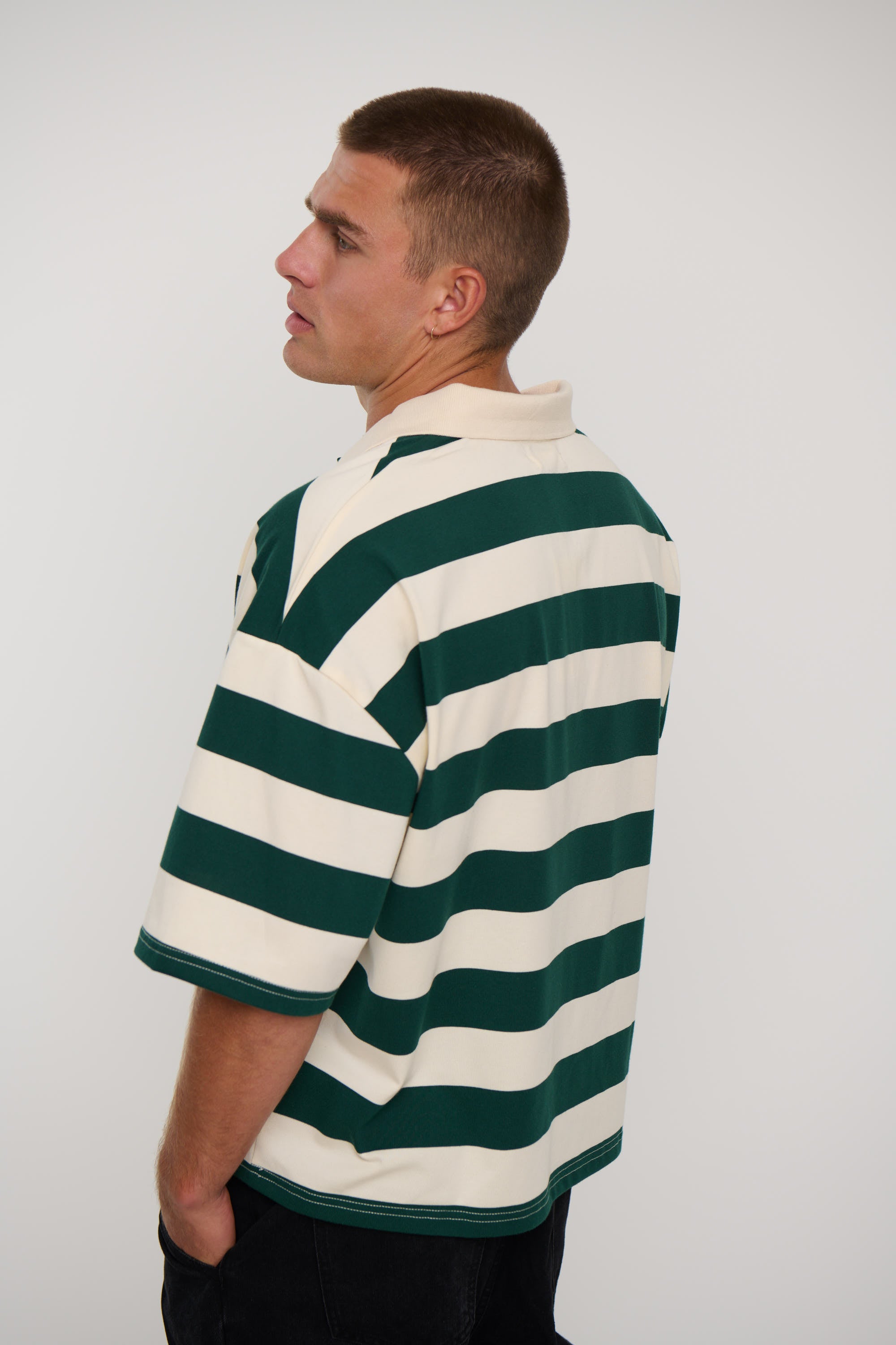 Jersey Crop Polo Stripe Emerald Crest
