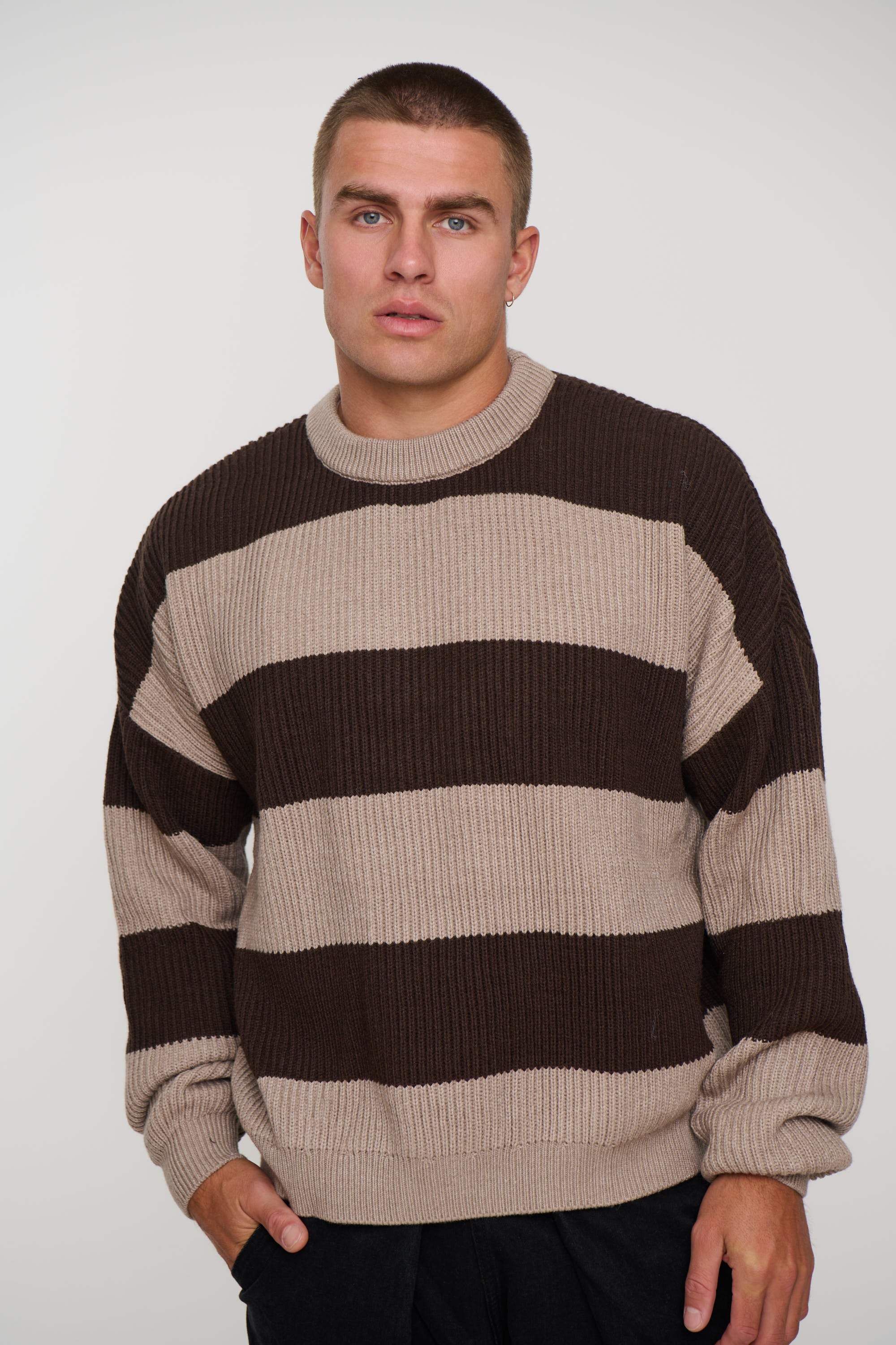 Drop Sleeve Heavy Knit Choc Stripe