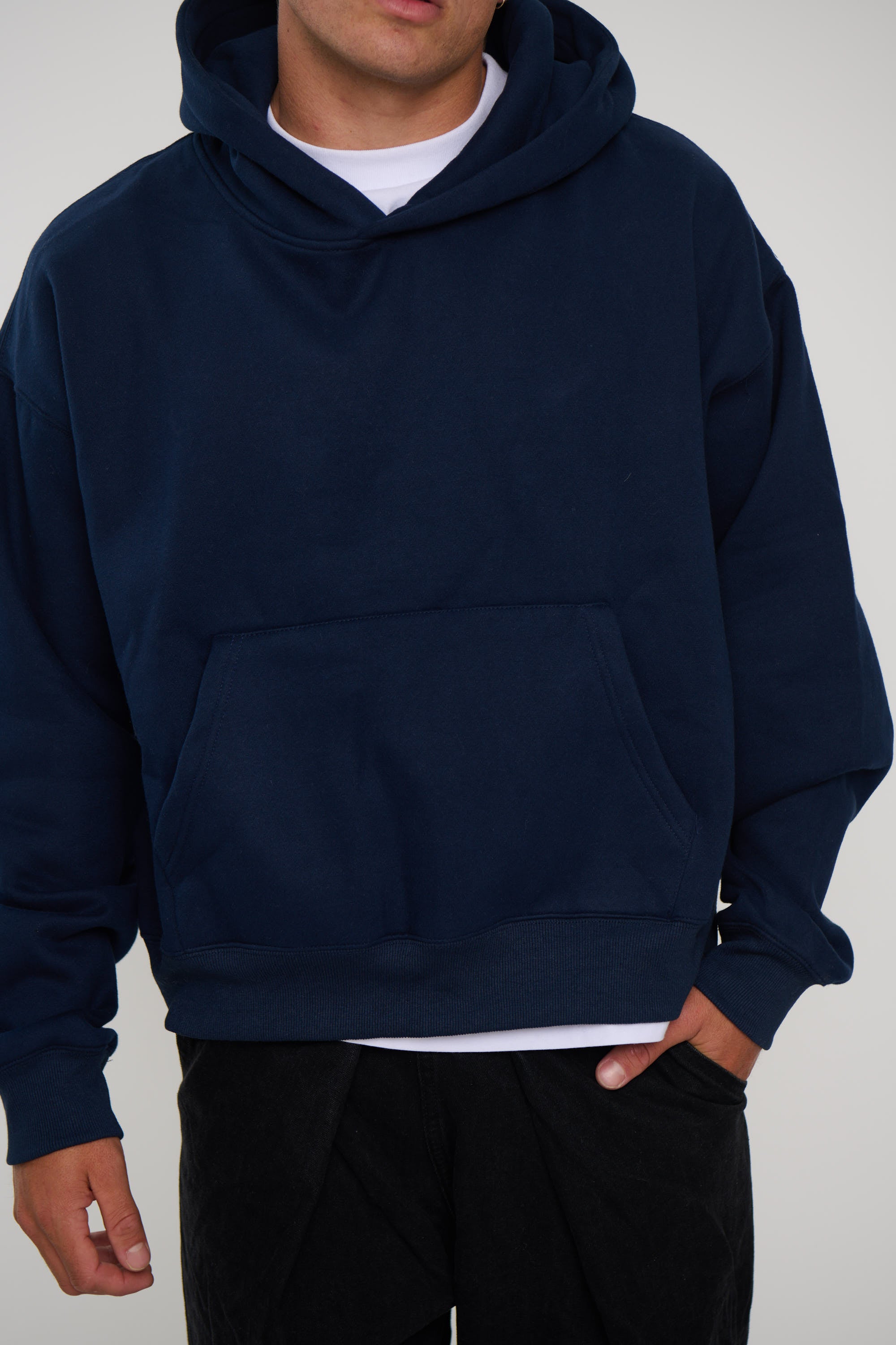 Roman Cropped Drop Hoodie Navy