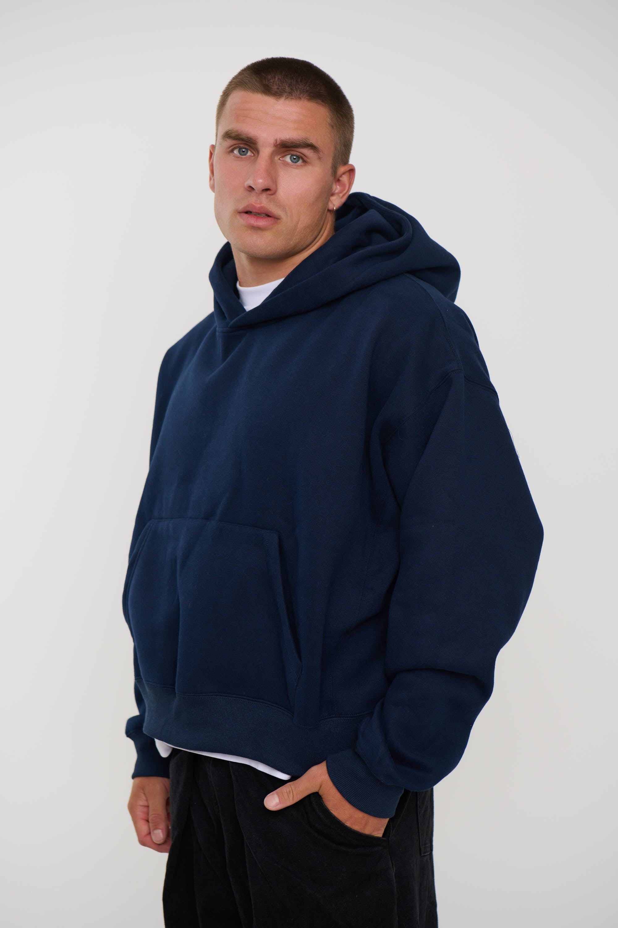 Roman Cropped Drop Hoodie Navy