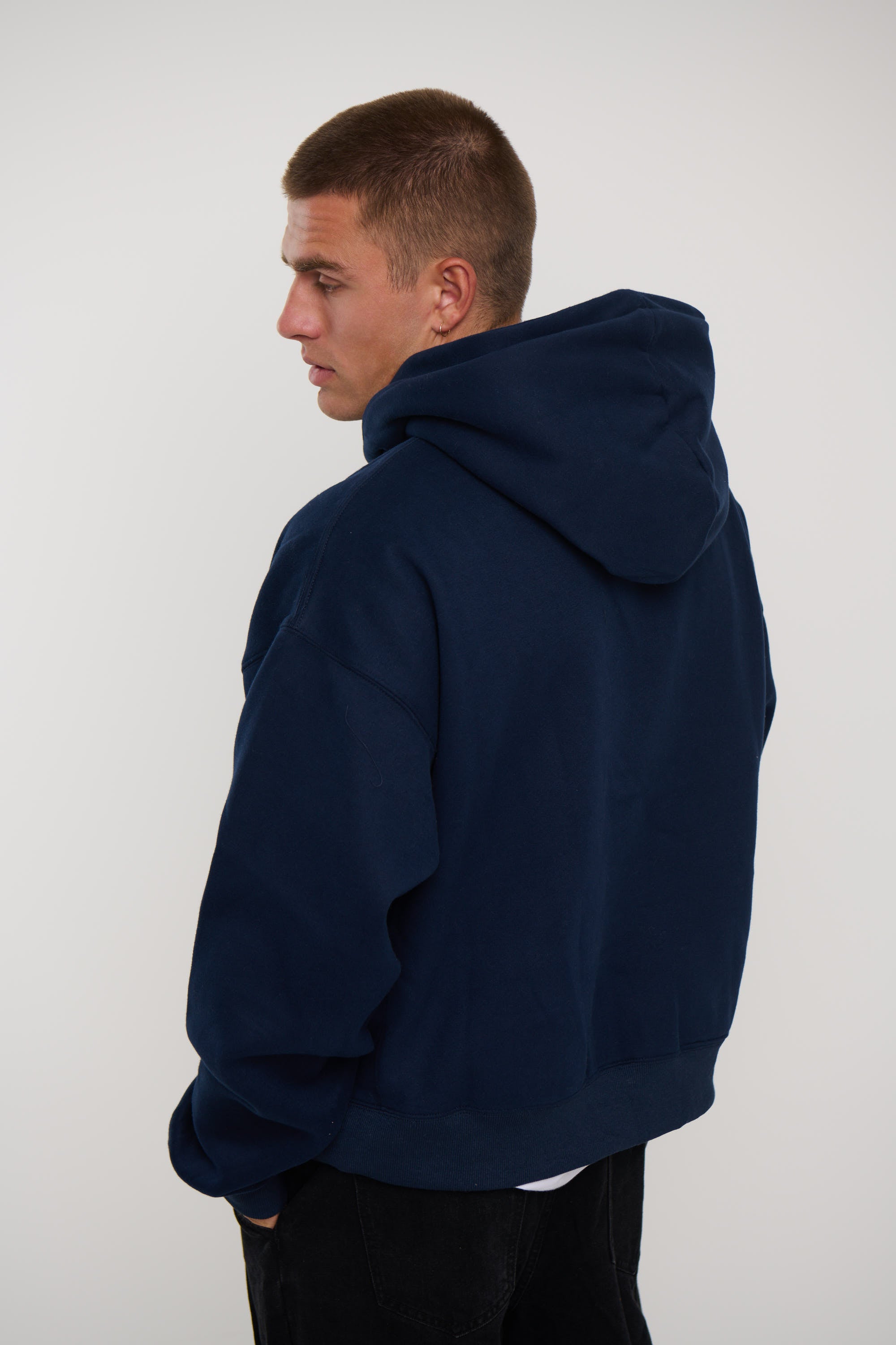 Roman Cropped Drop Hoodie Navy