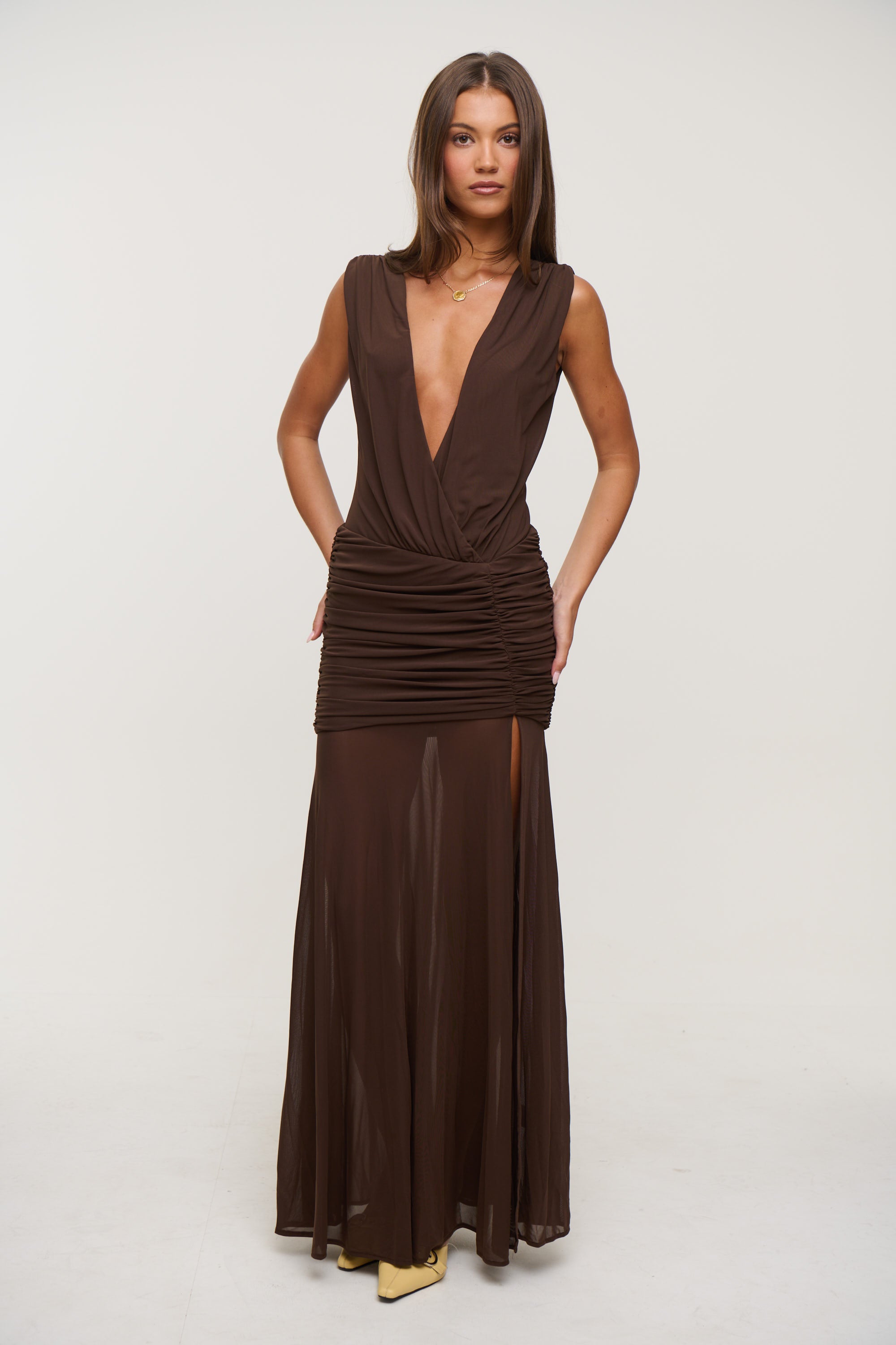 Deserae Low Plunge Maxi Dress Chocolate