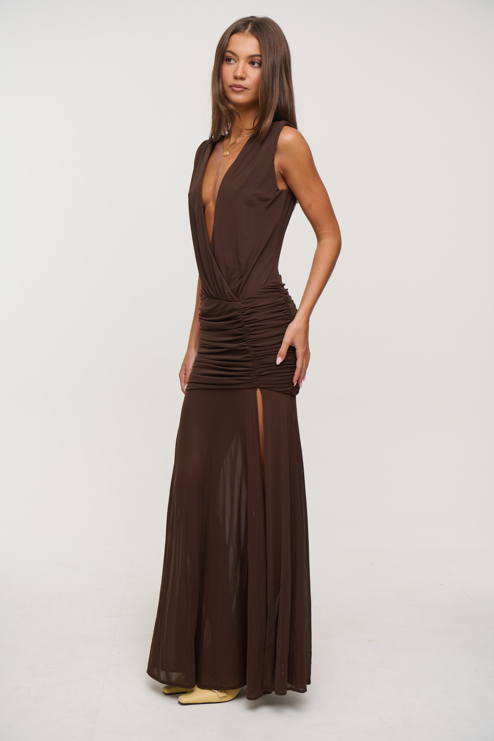Deserae Low Plunge Maxi Dress Chocolate