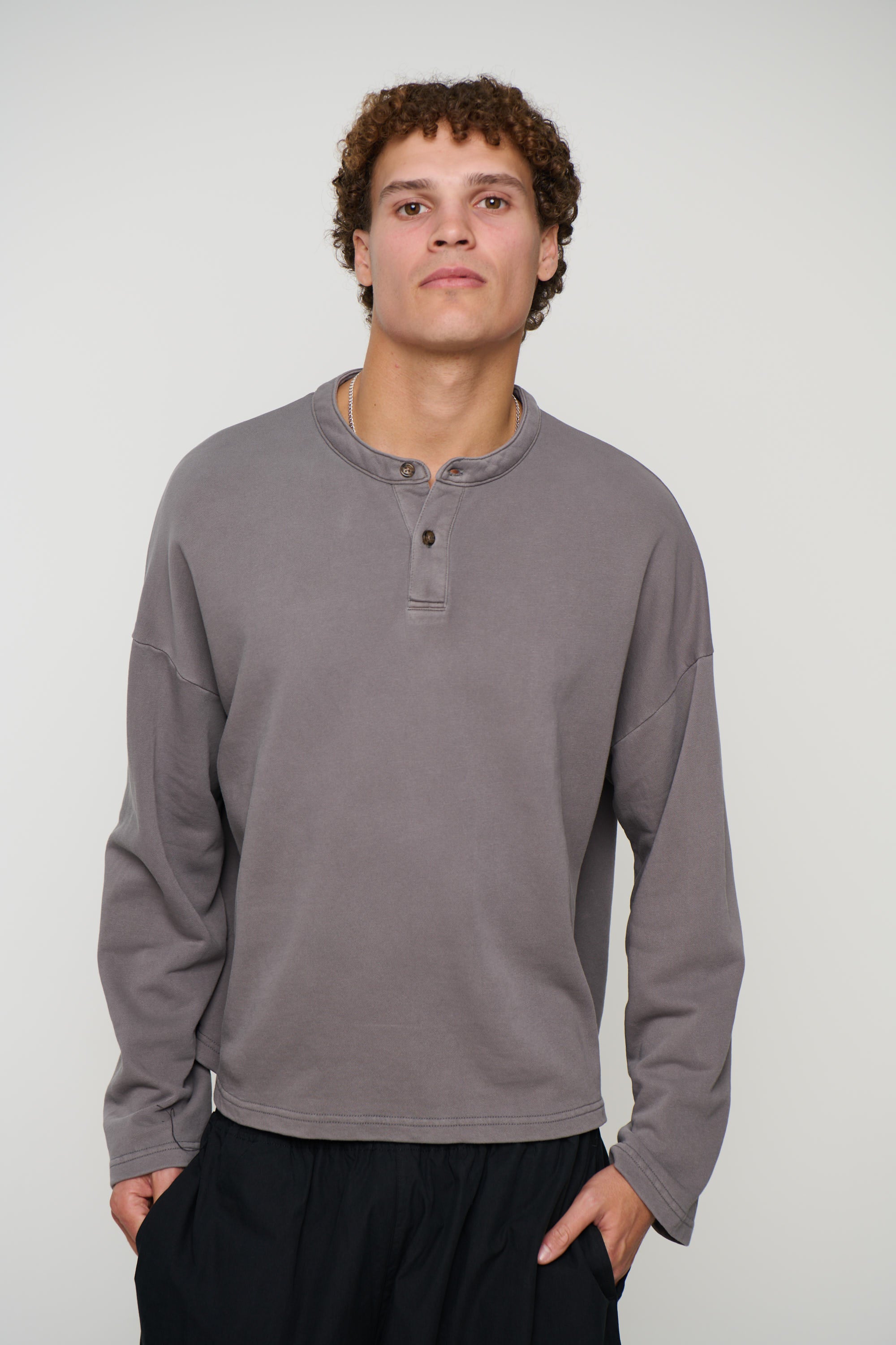 Fleece Crop Henley Charcoal