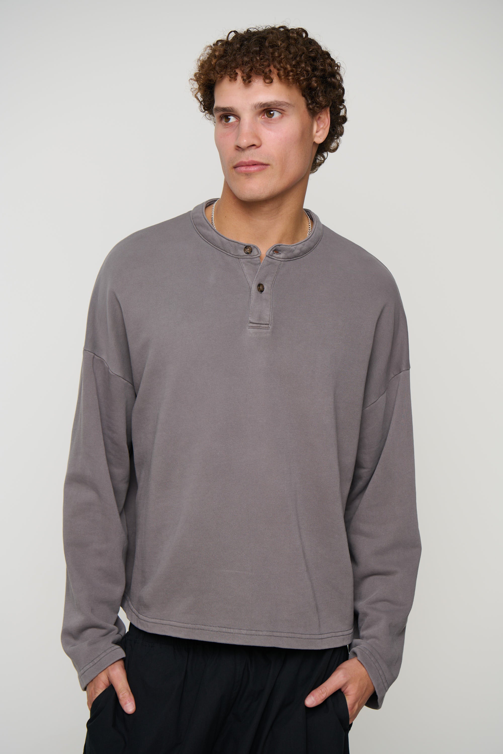 Fleece Crop Henley Charcoal
