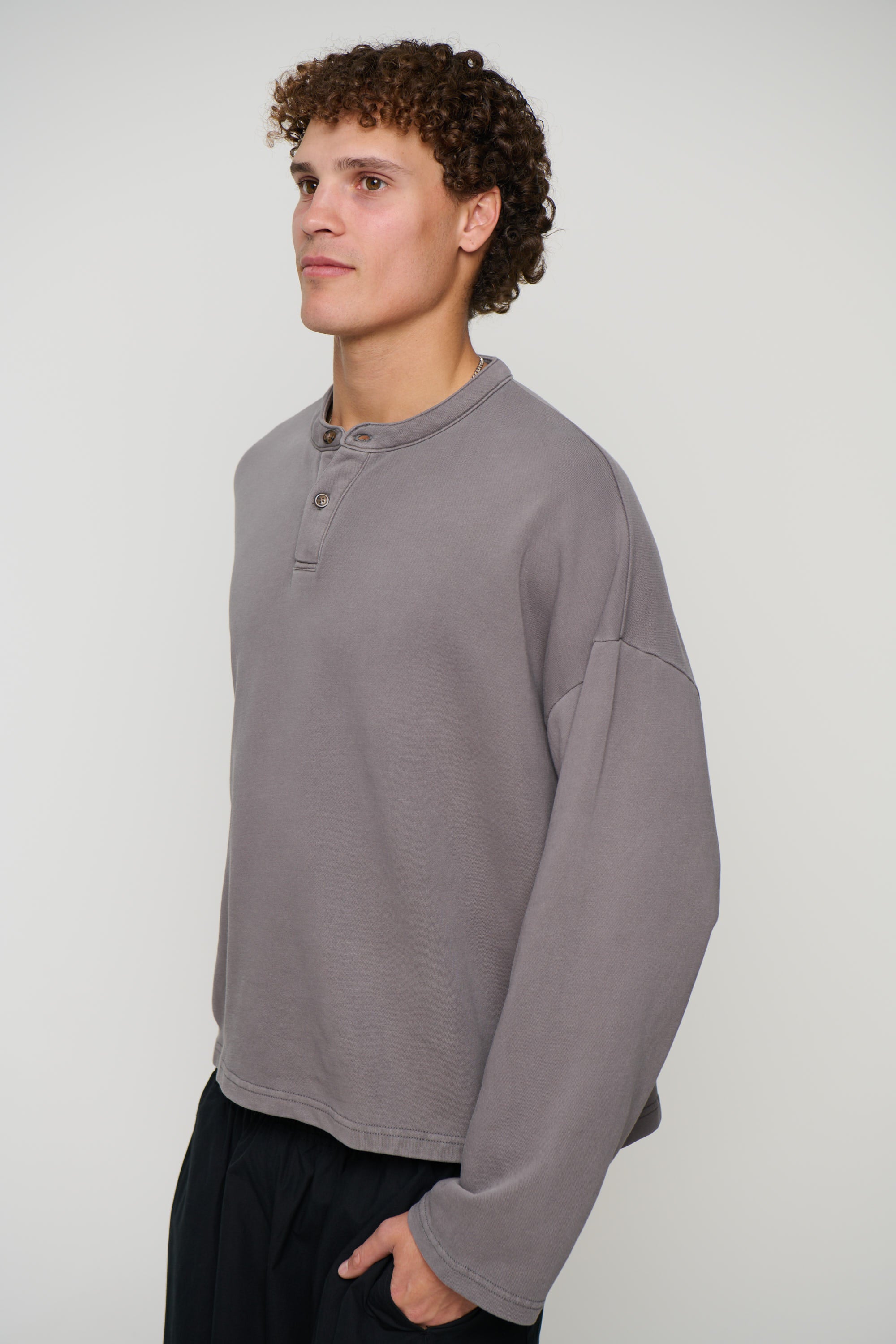 Fleece Crop Henley Charcoal