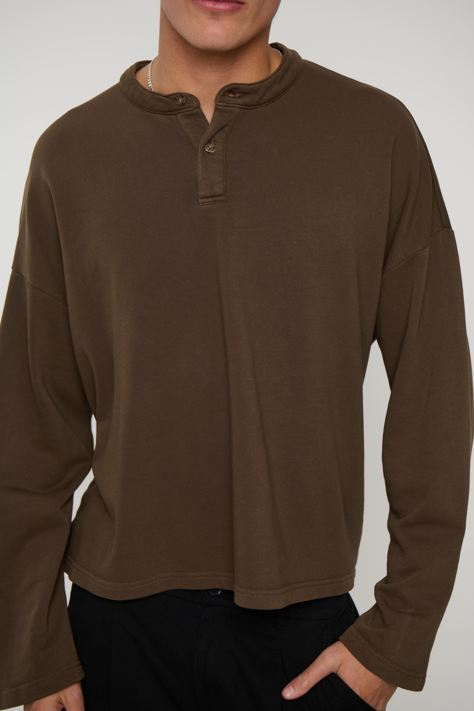 Fleece Crop Henley Choc