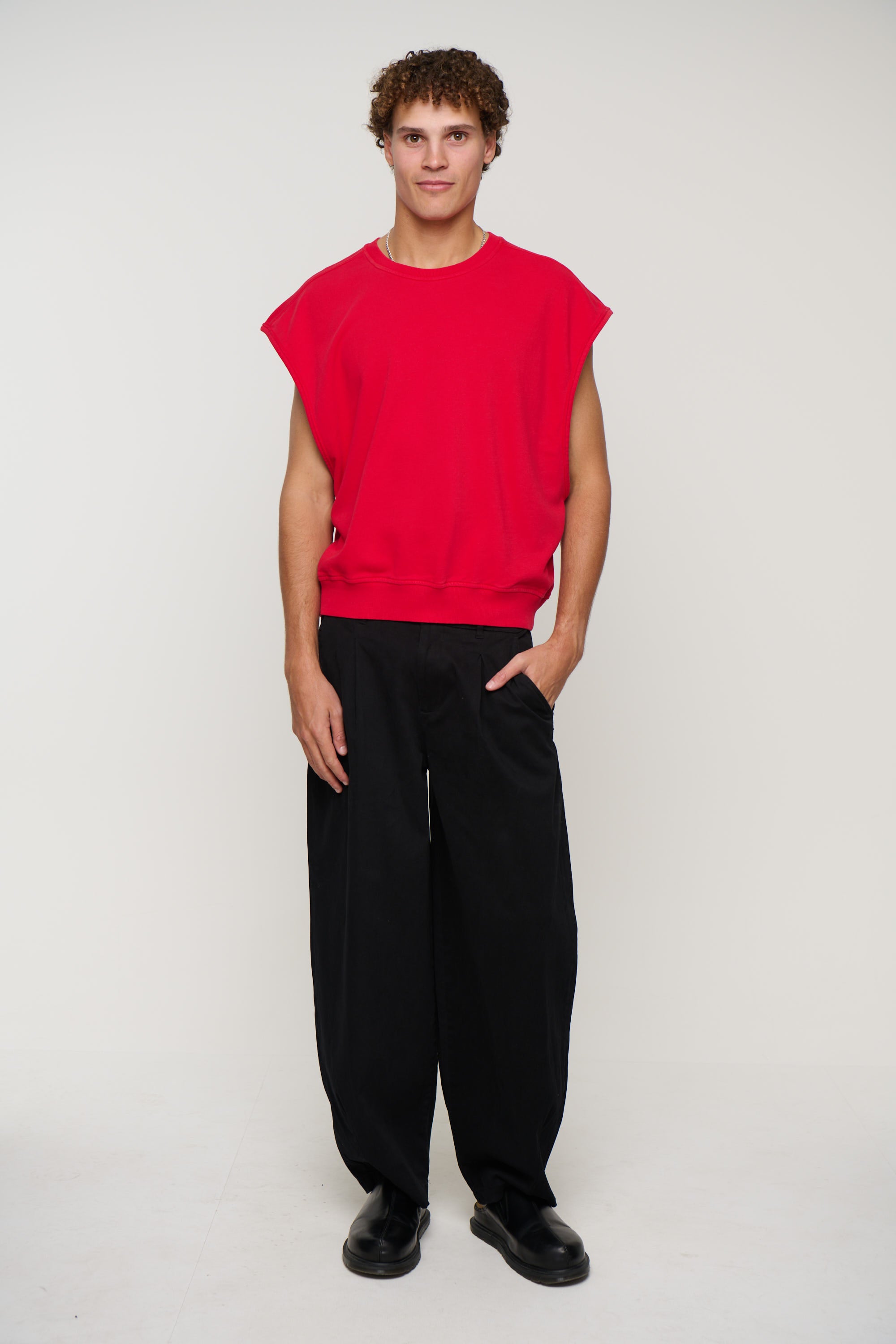 Cropped Fleece Ribbed Tank Red