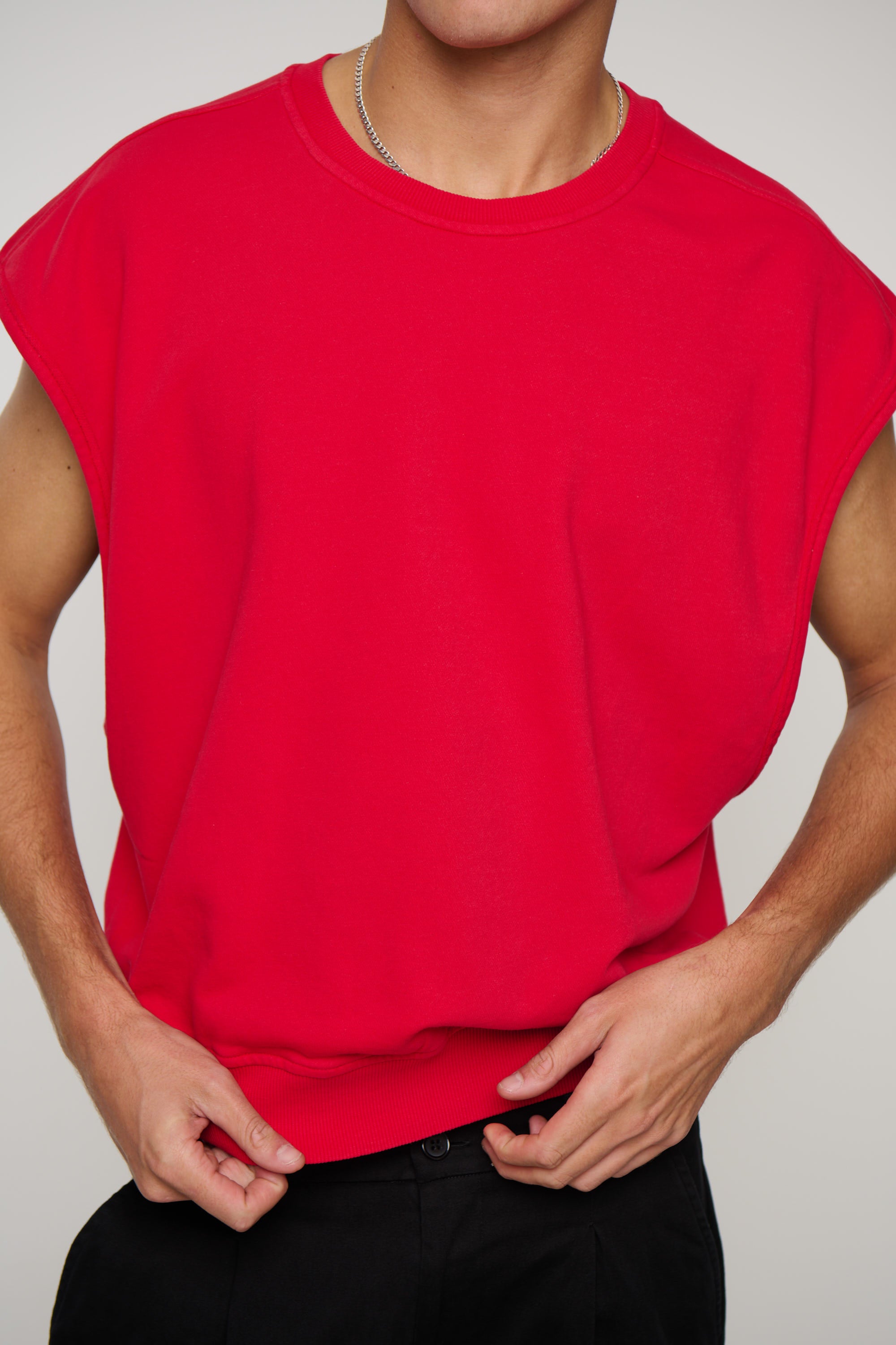 Cropped Fleece Ribbed Tank Red
