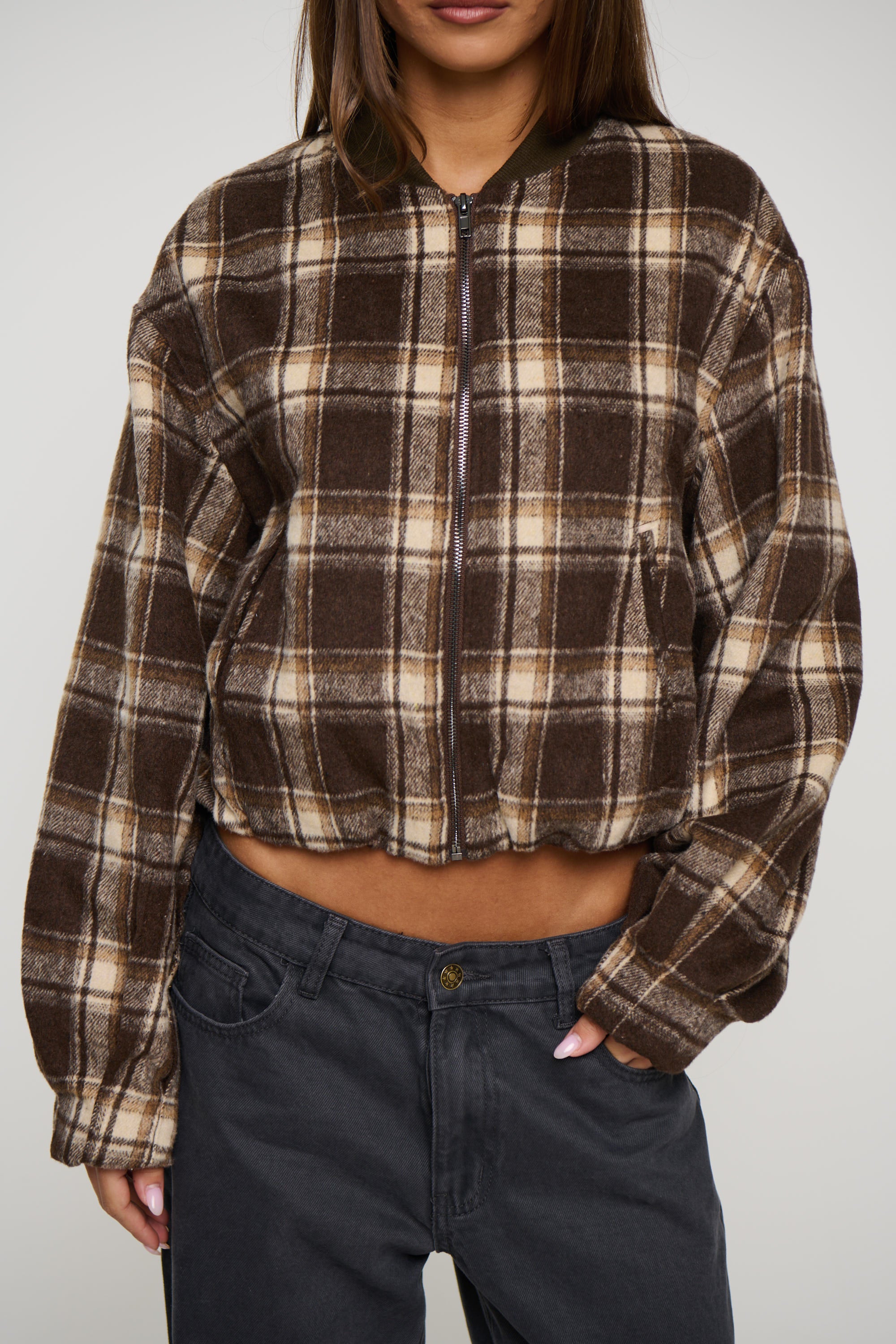 Clara Bomber Brown Check