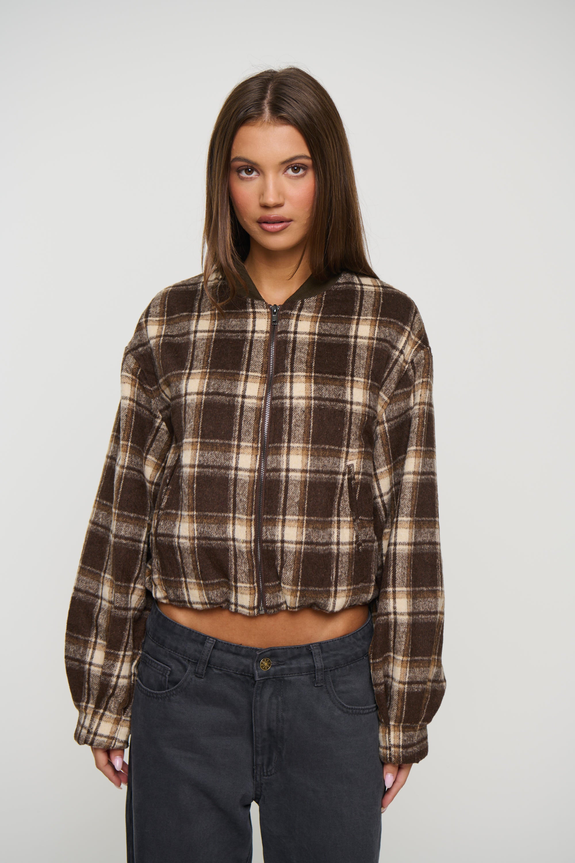 Clara Bomber Brown Check