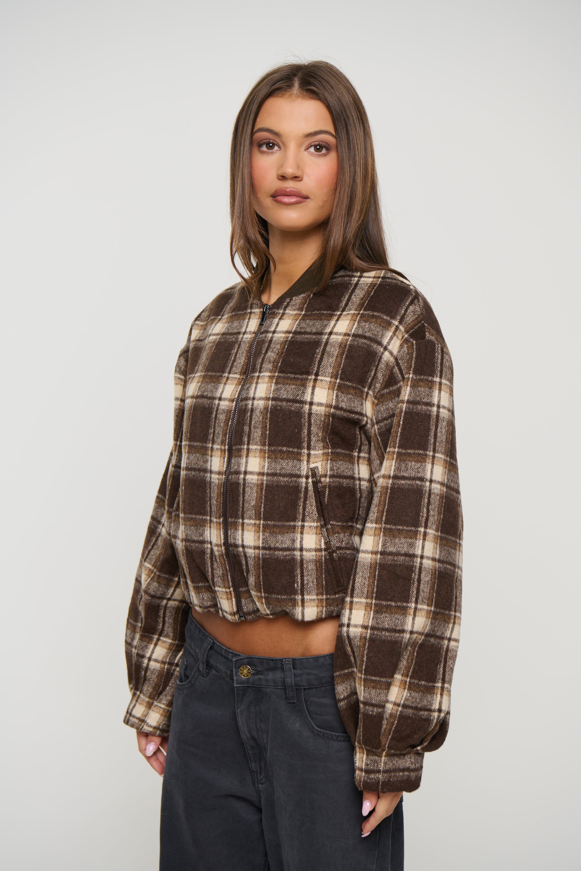 Clara Bomber Brown Check