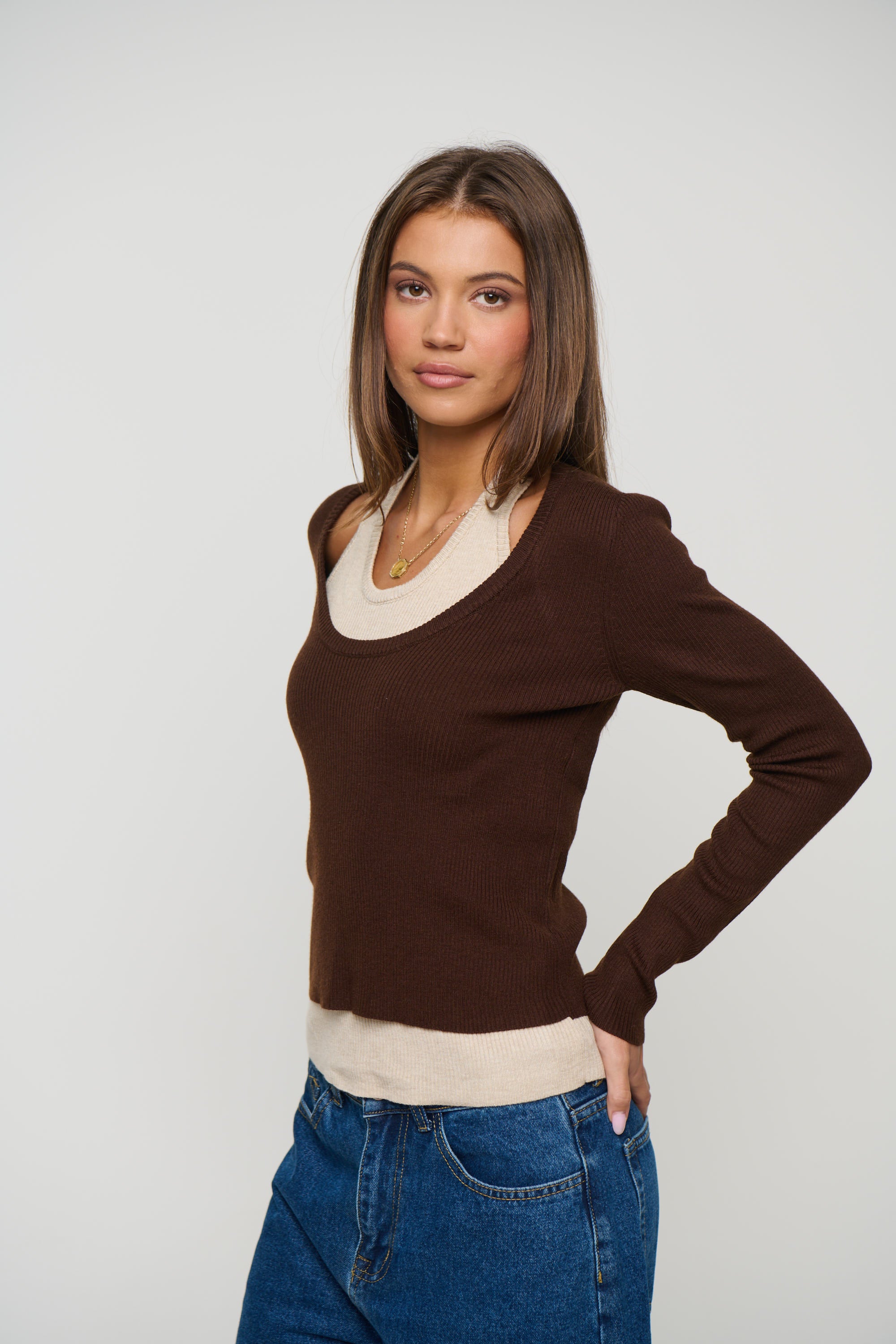 Lorena Layered Ribbed Top Chocolate