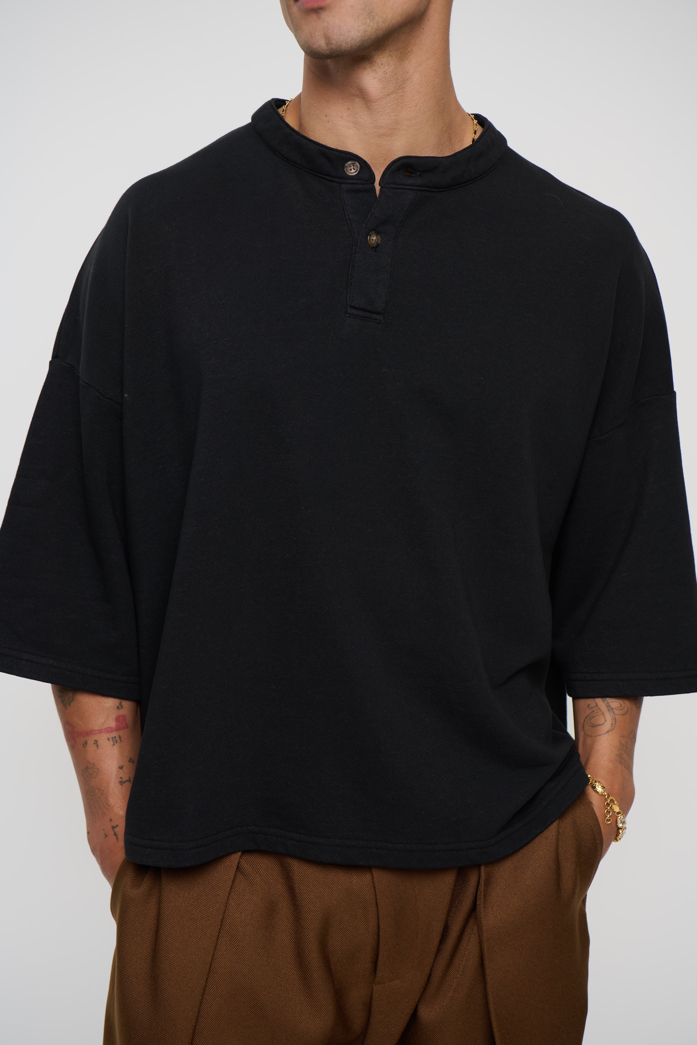 Fleece Crop Henley Tee Black