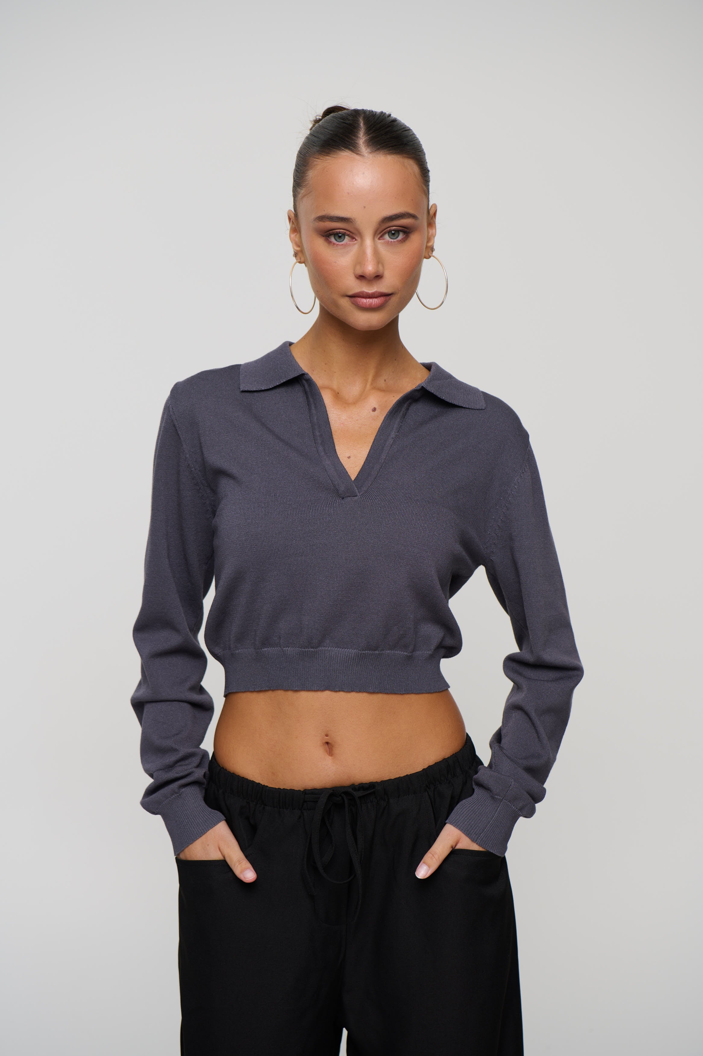 Aimee Long Sleeve Polo Dark Grey