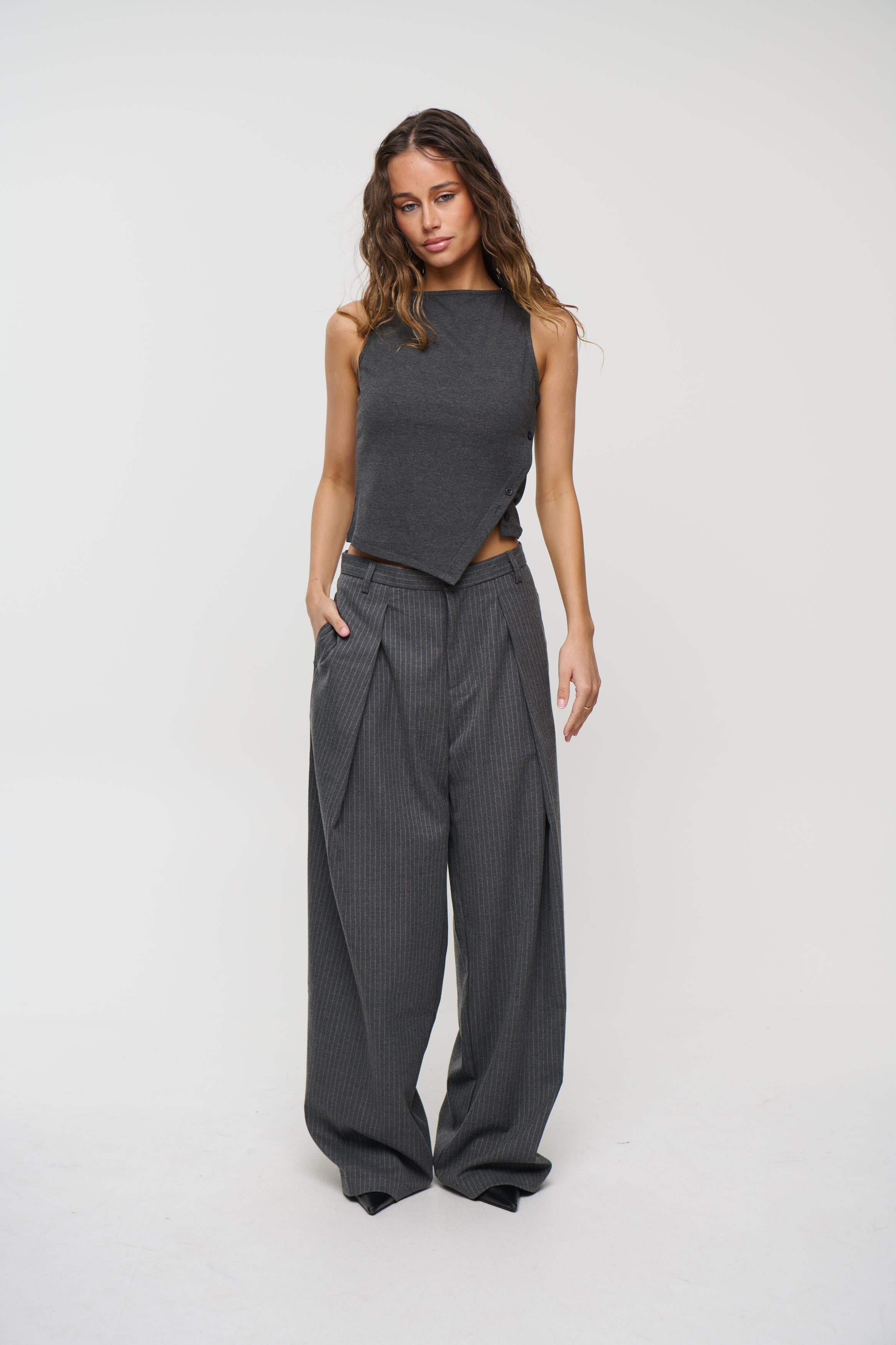 Unisex Josh Baggy Pant Grey Pinstripe