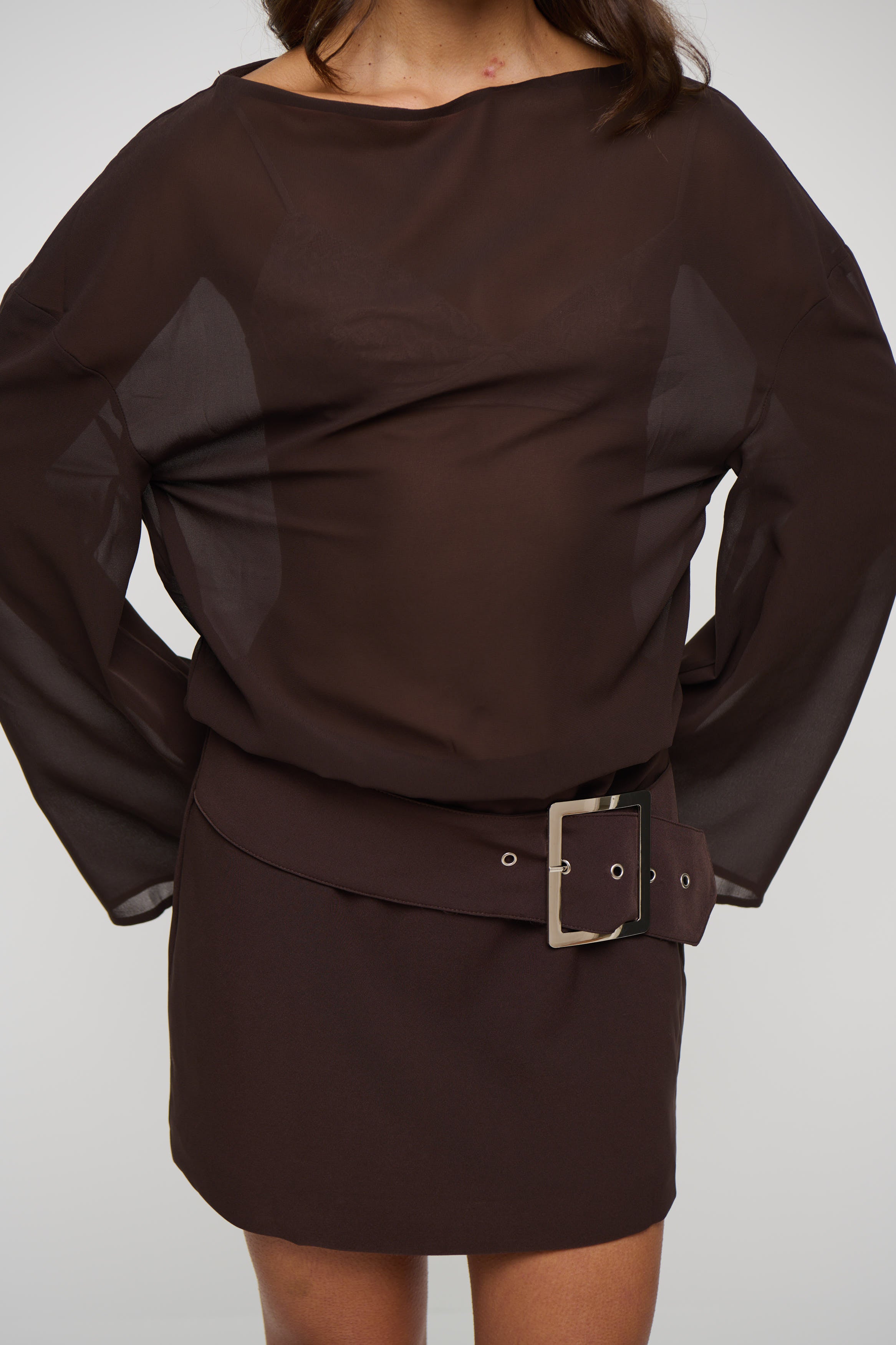 Daria Boat Neck Mini Dress Chocolate