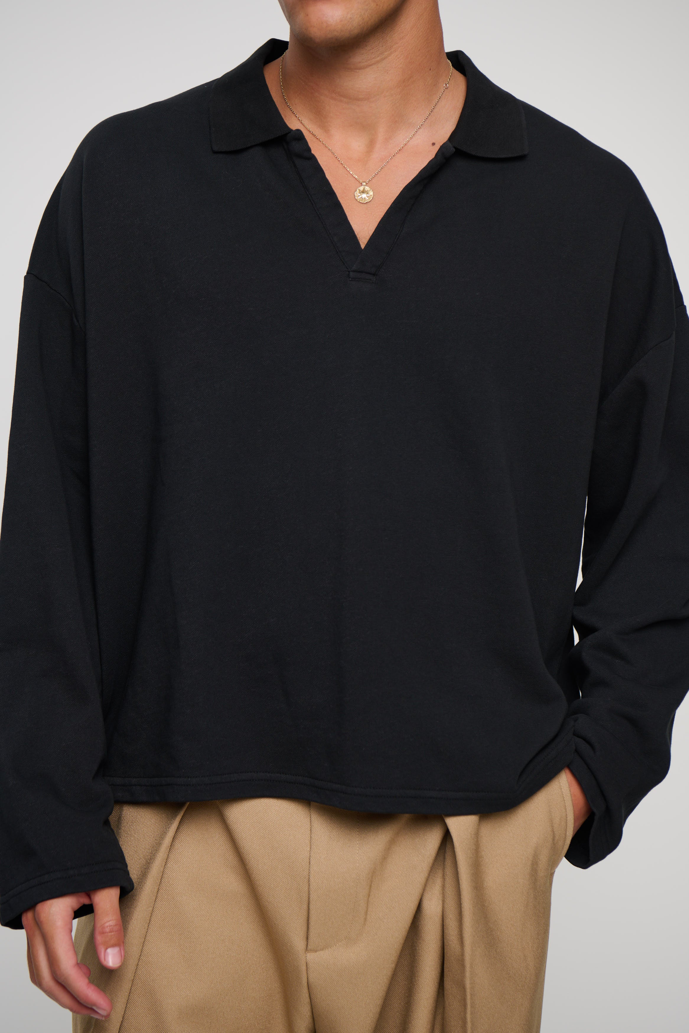 Jersey Crop Polo Long Sleeve Black