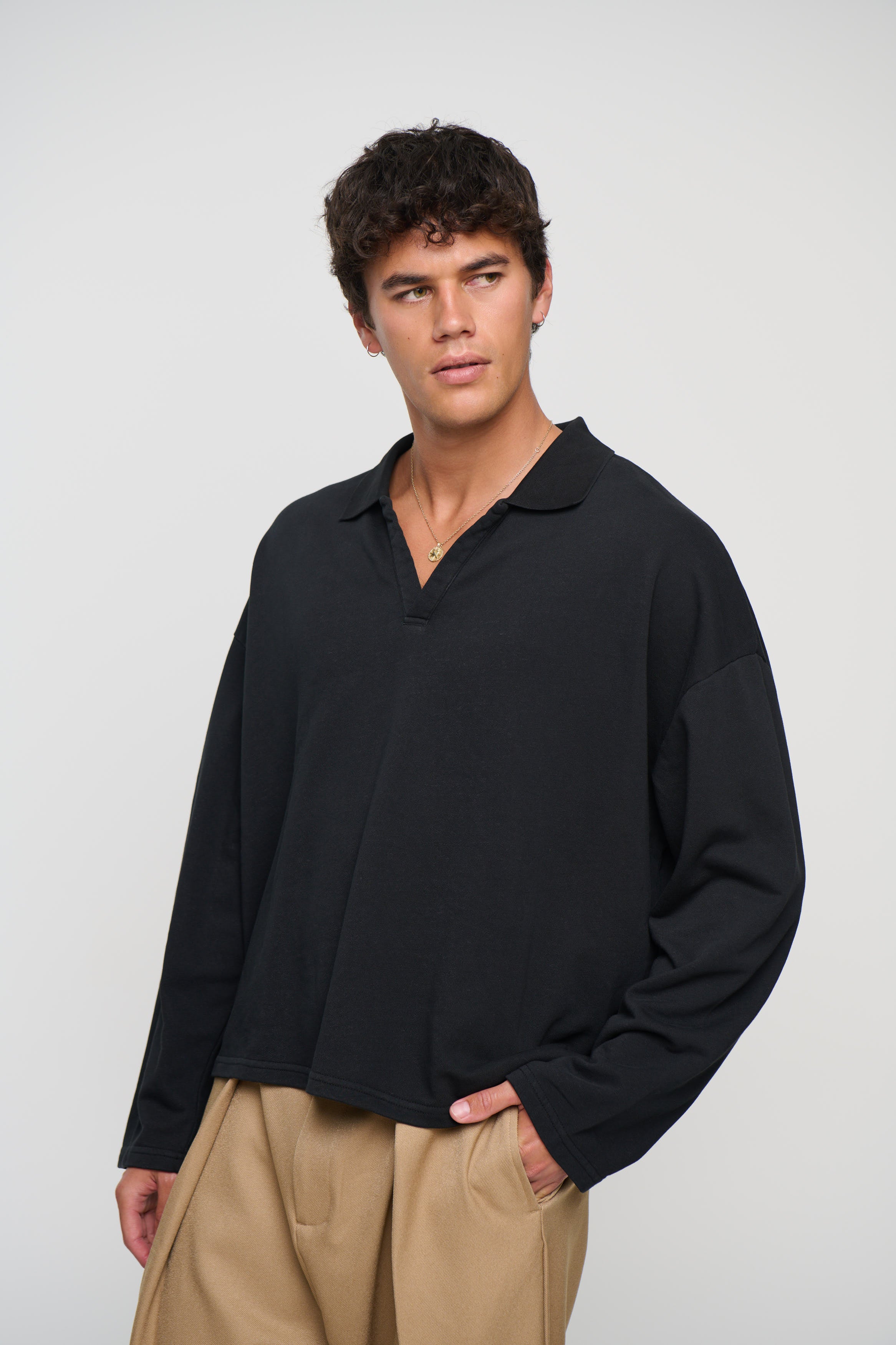 Jersey Crop Polo Long Sleeve Black