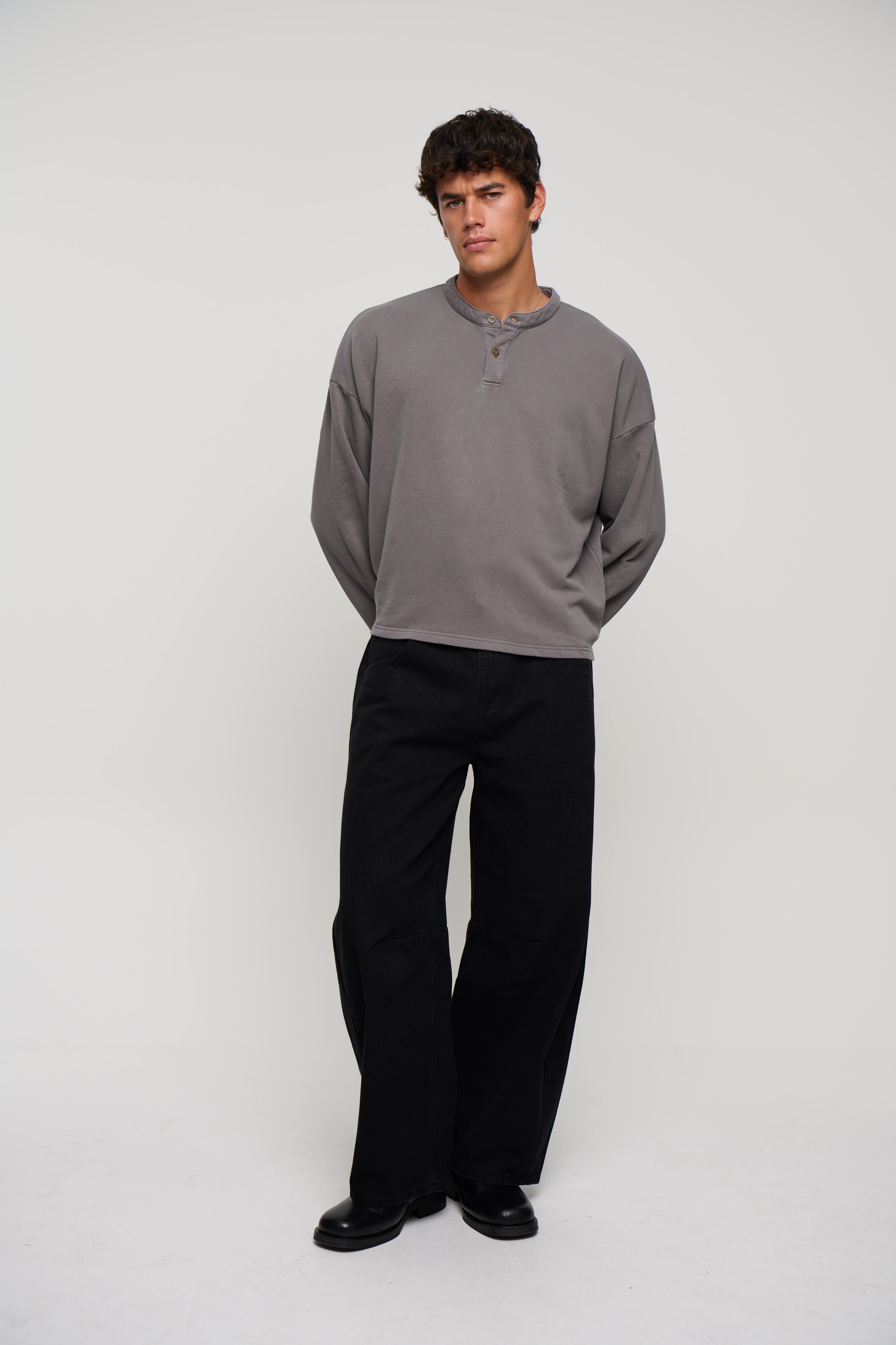 Fleece Crop Henley Charcoal