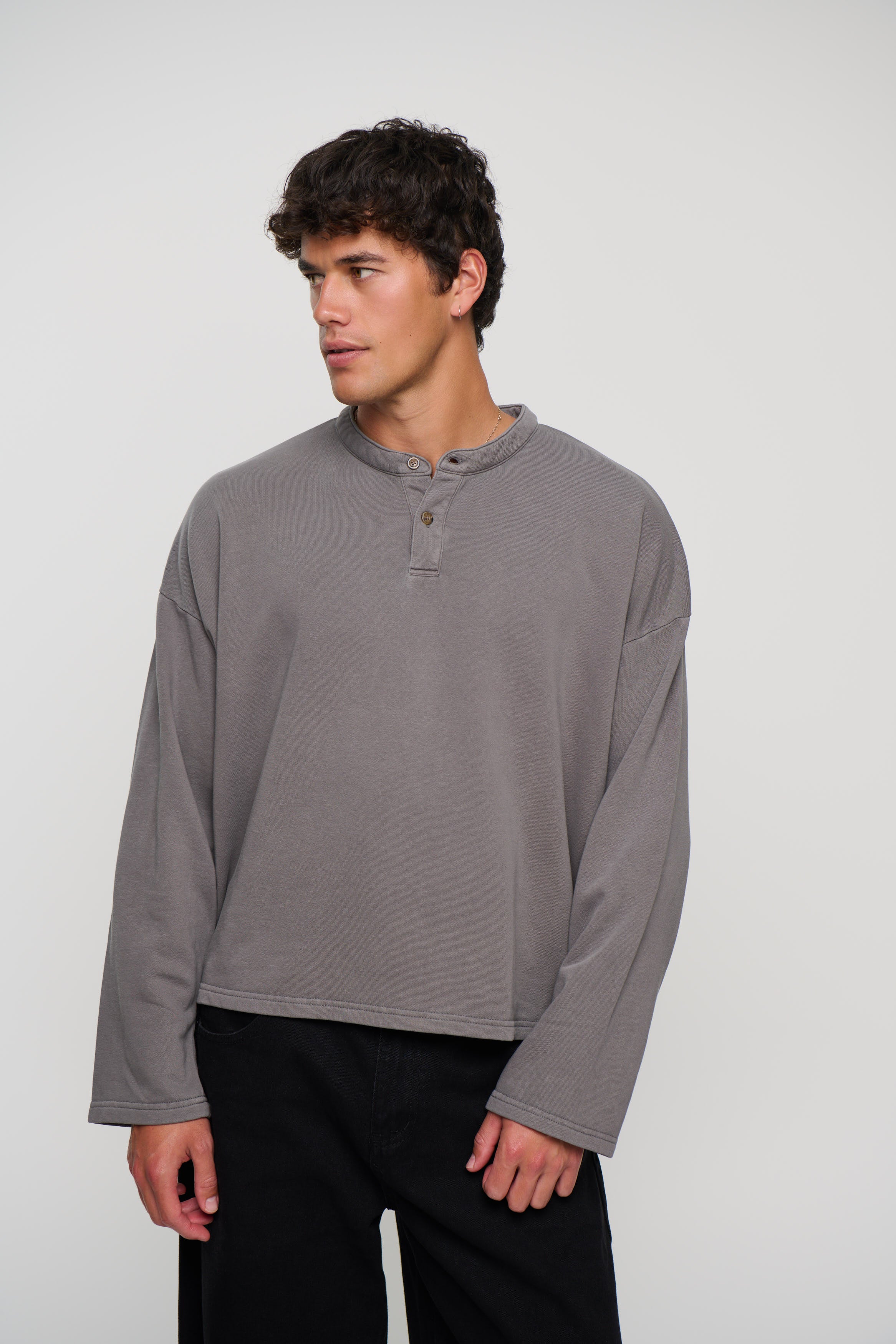 Fleece Crop Henley Charcoal