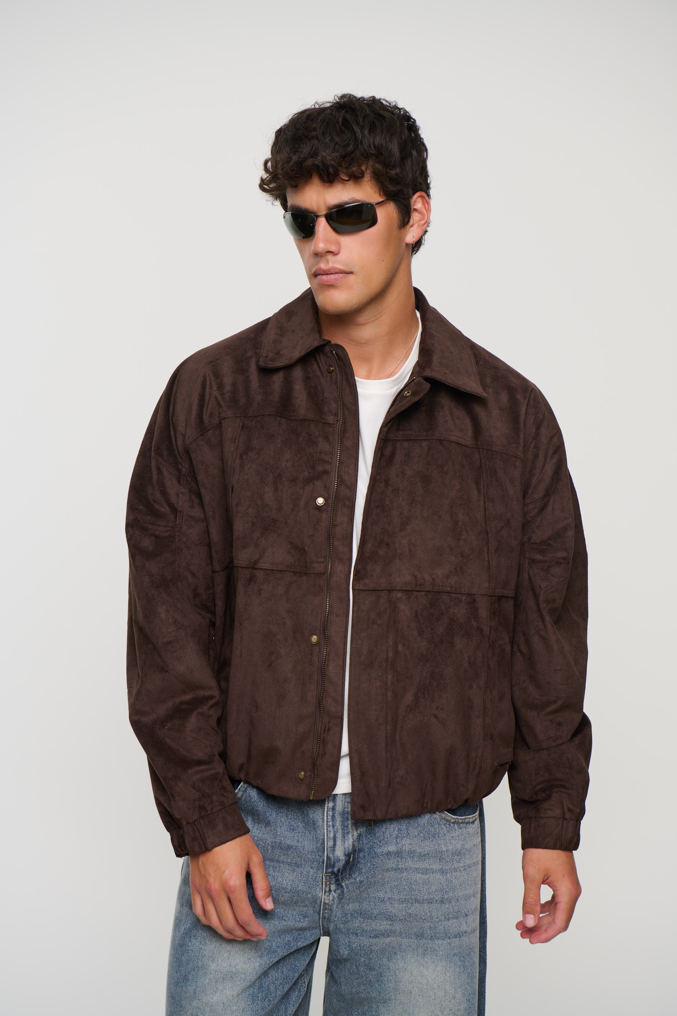 Faux Suede Bomber Jacket Choc