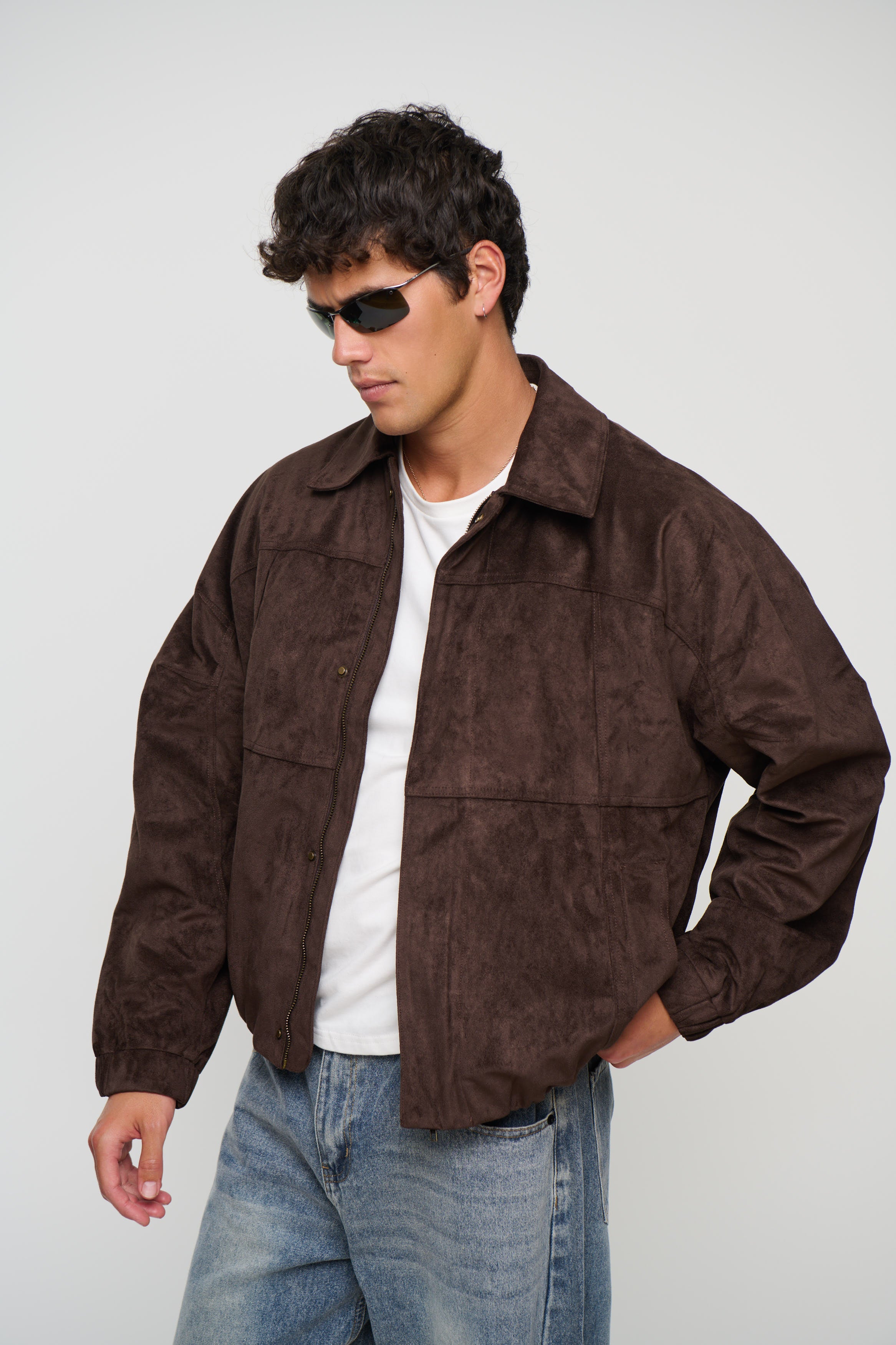 Faux Suede Bomber Jacket Choc