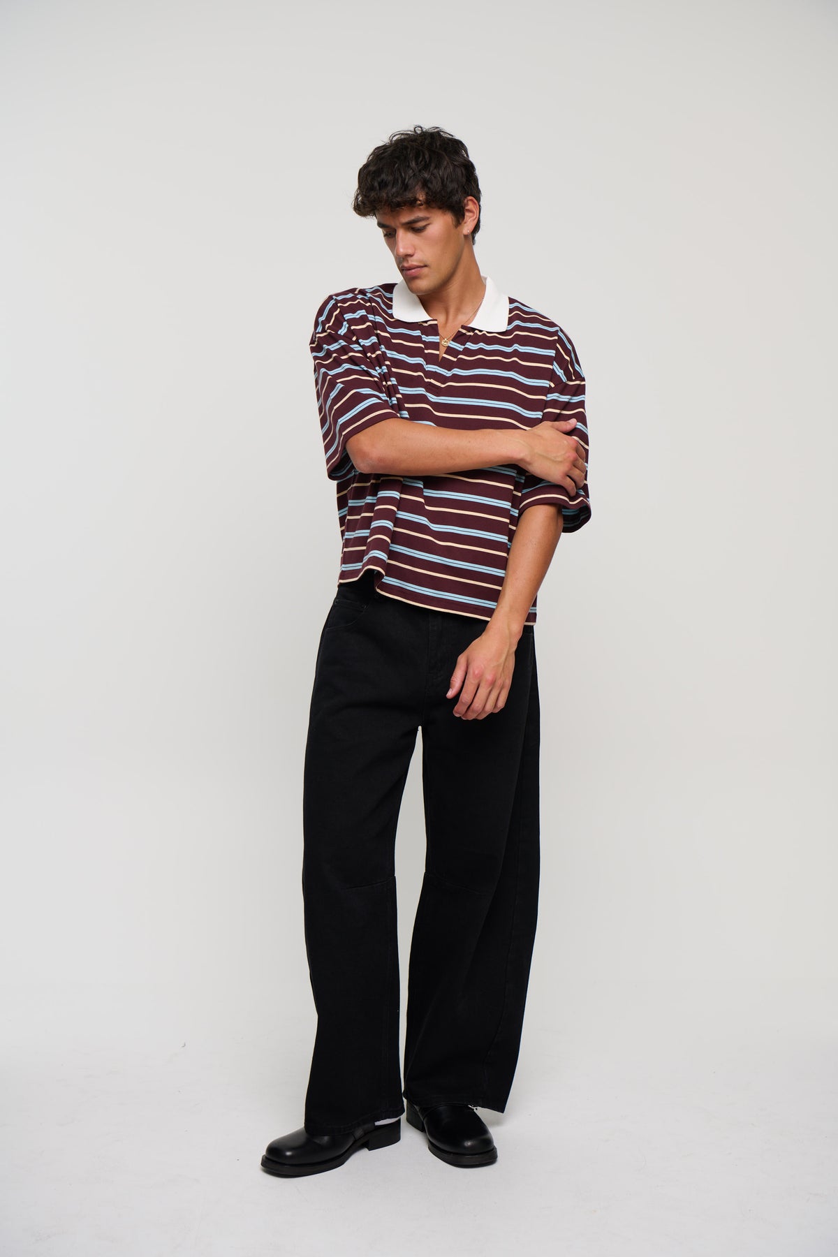 Jersey Crop Polo Wine Stripe
