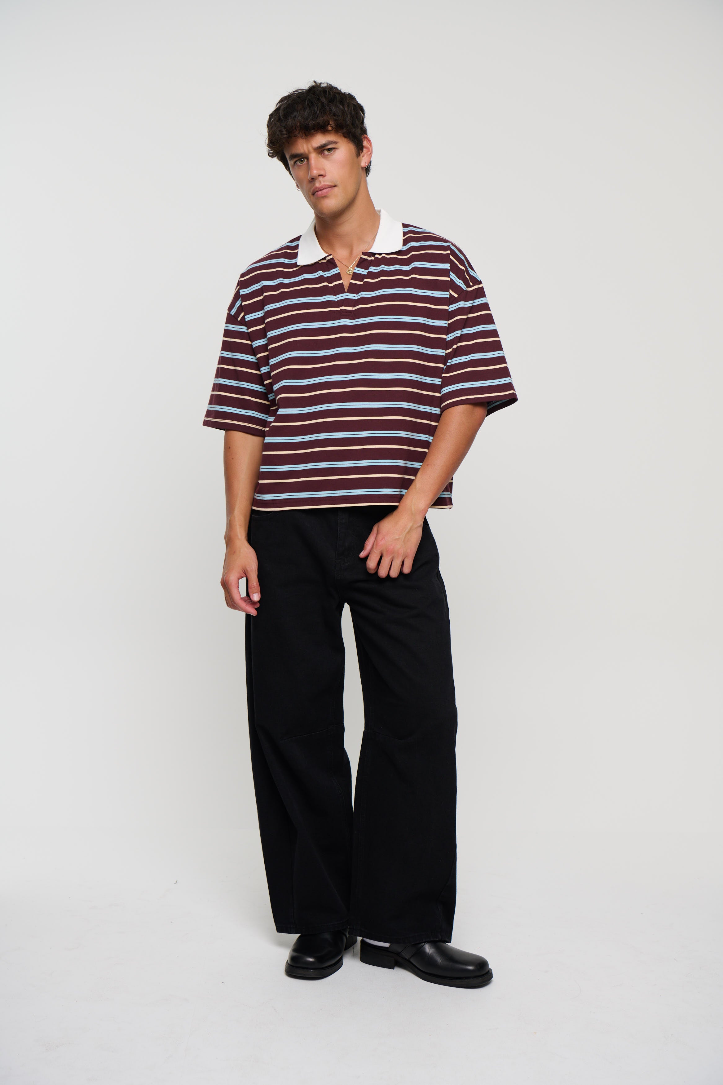 Jersey Crop Polo Wine Stripe