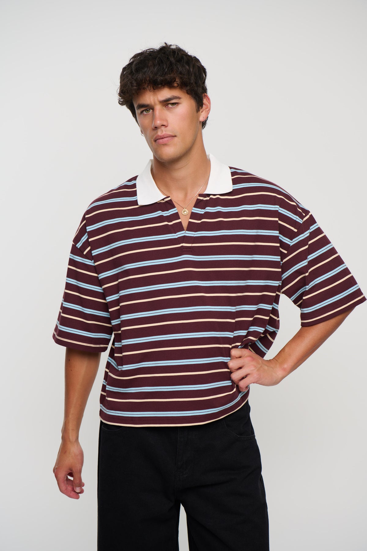 Jersey Crop Polo Wine Stripe