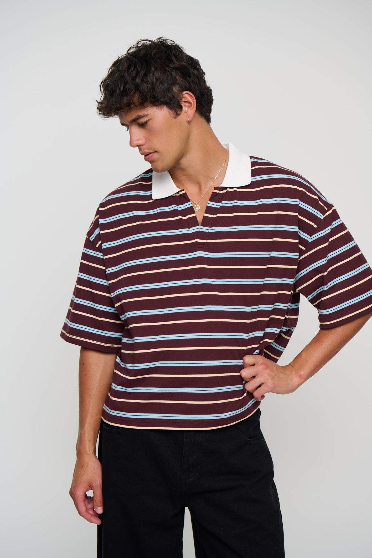 Jersey Crop Polo Wine Stripe