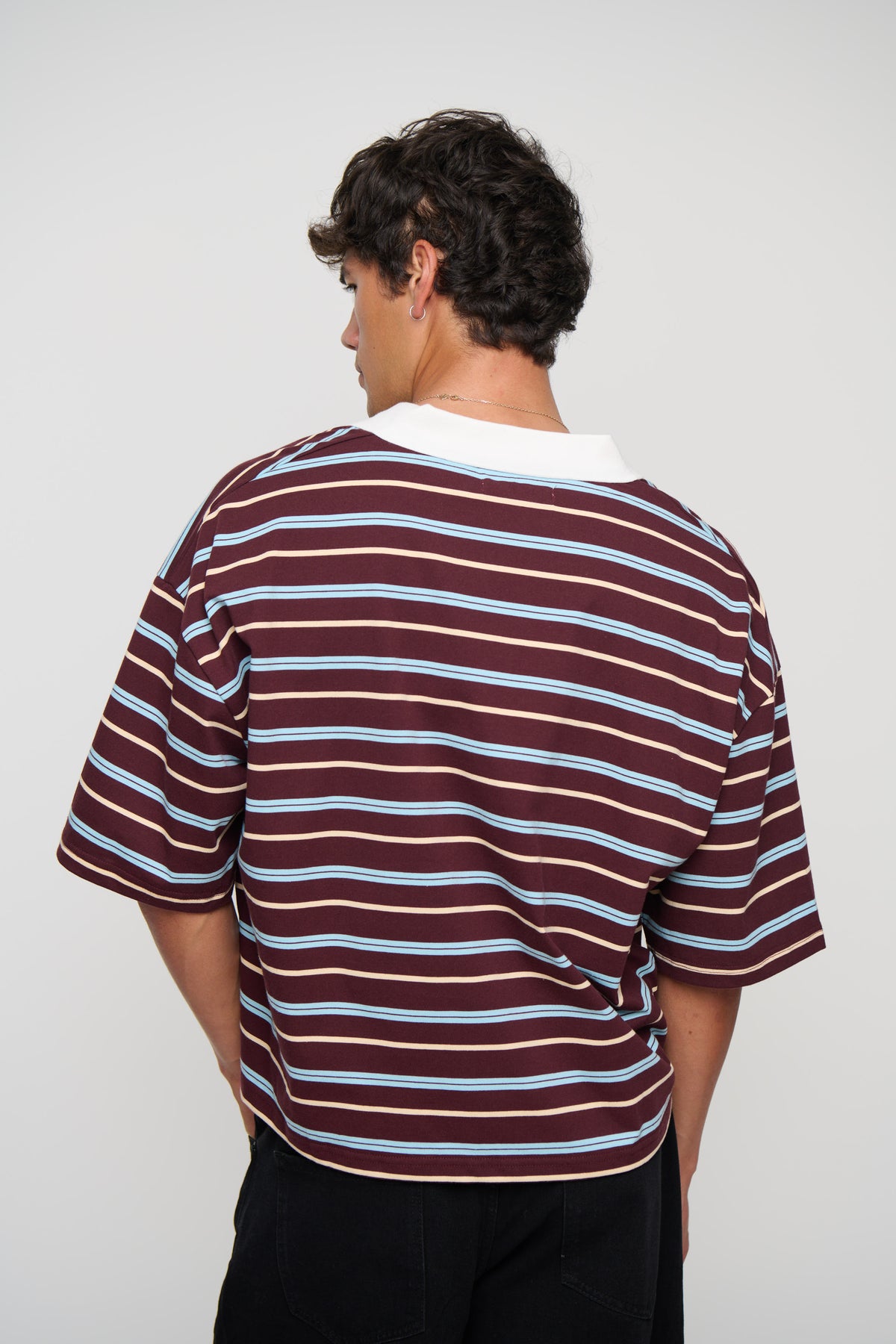 Jersey Crop Polo Wine Stripe