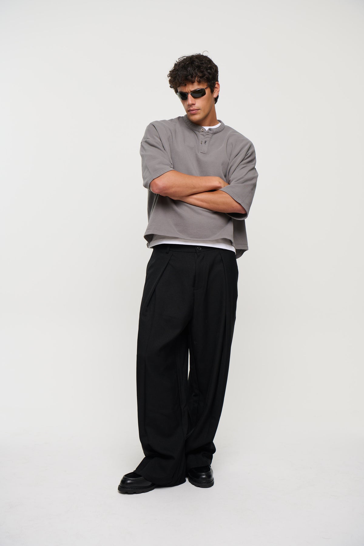 Fleece Crop Henley Tee Charcoal