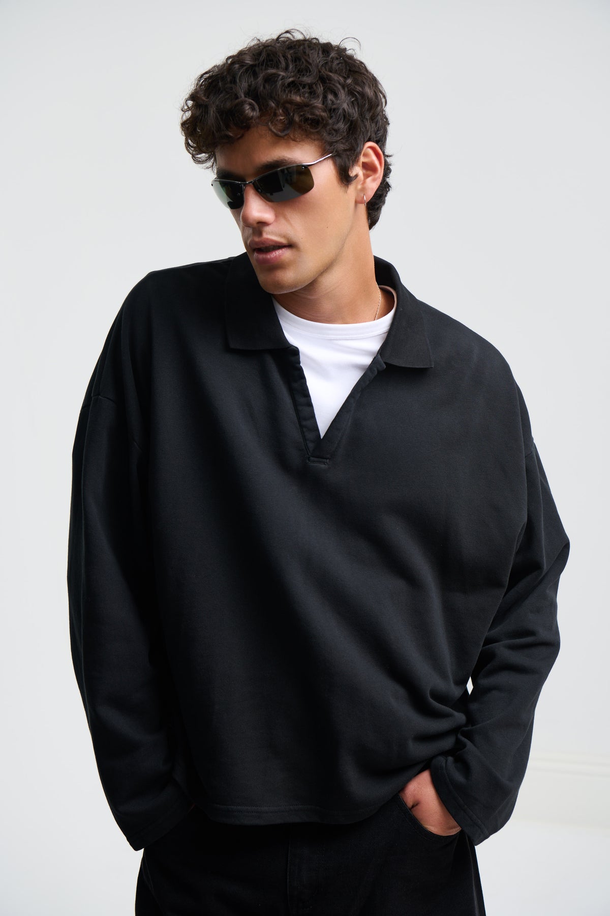 Jersey Crop Polo Long Sleeve Black