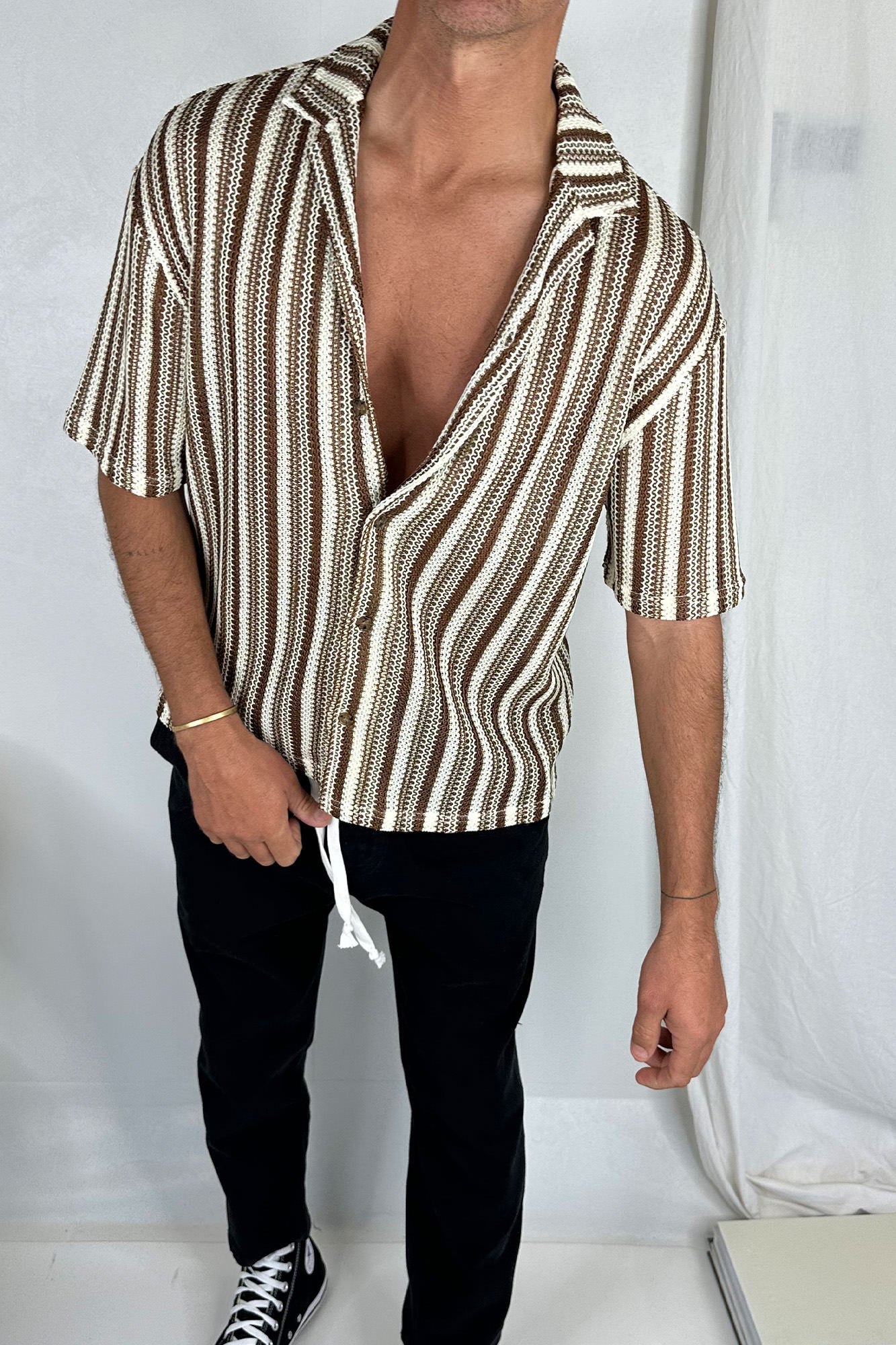 Raf Cropped Shirt Stripe Crochet Tan