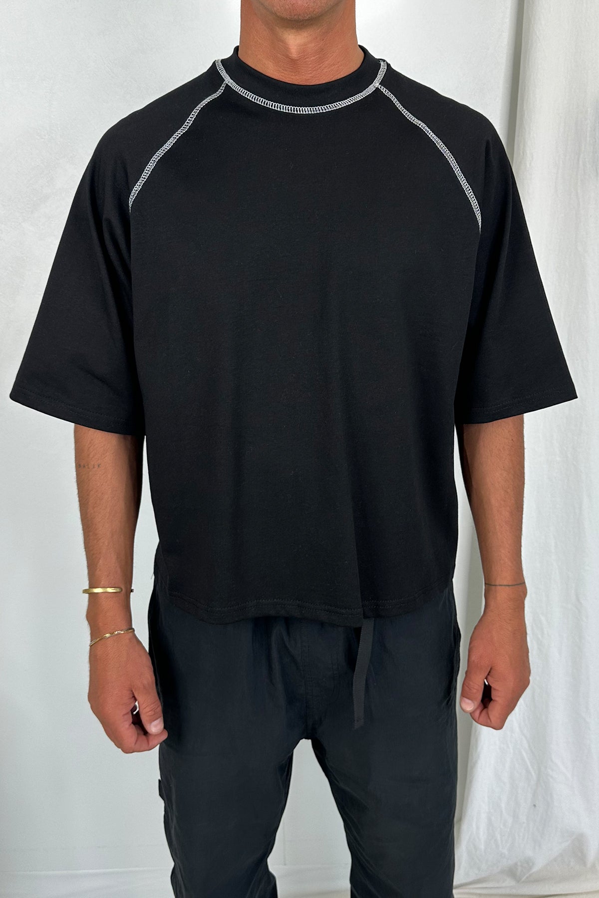 Contrast Stitch Raglan Tee Black