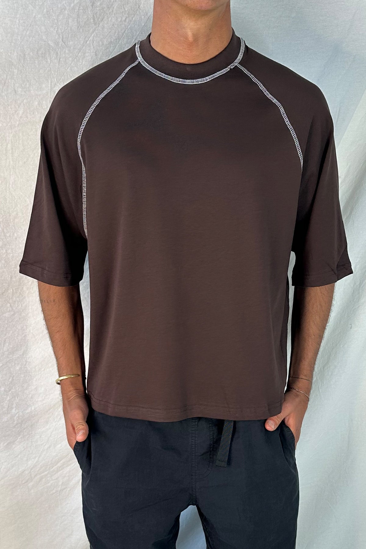 Contrast Stitch Raglan Tee Dark Brown
