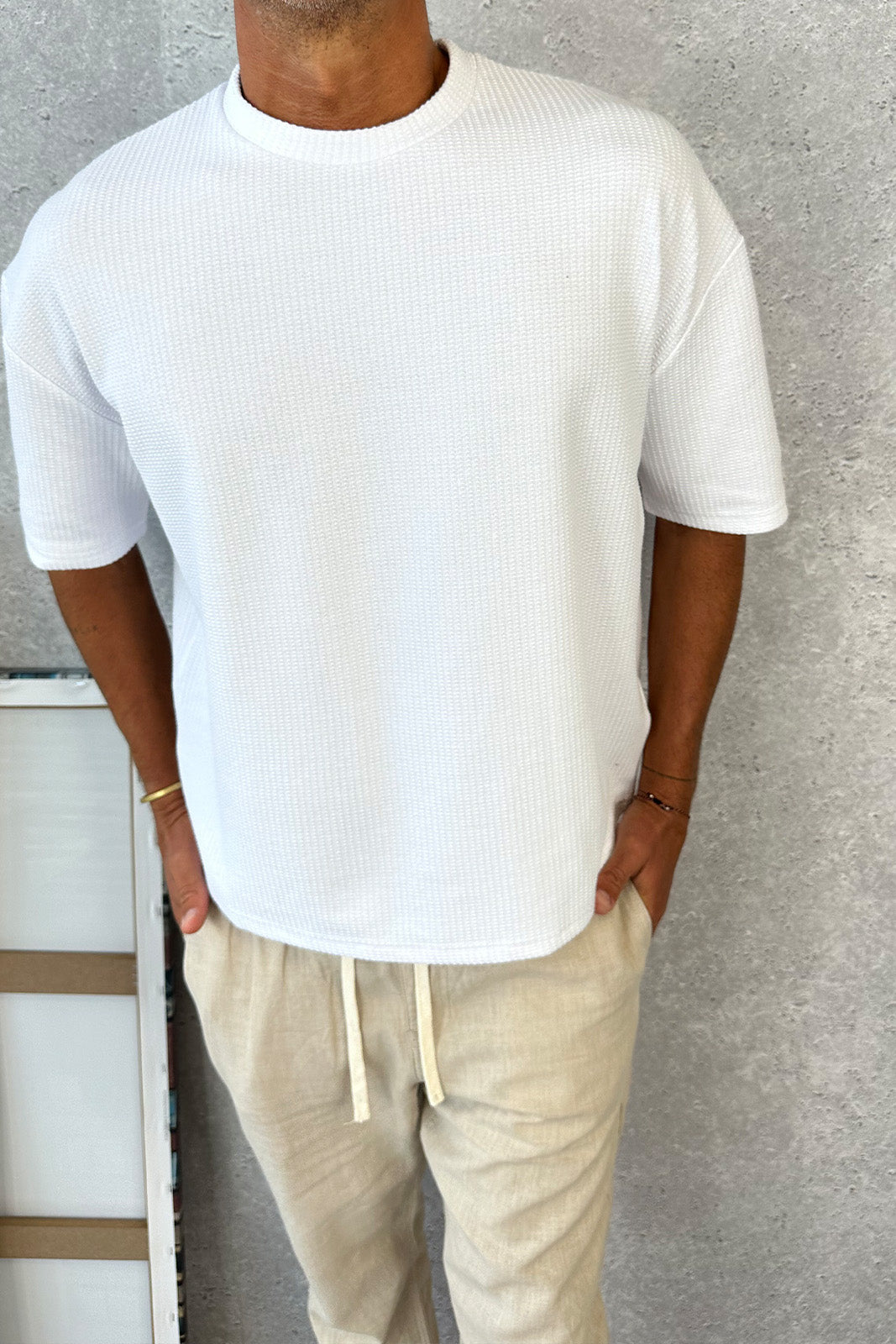 Texture Drop Sleeve Tee White