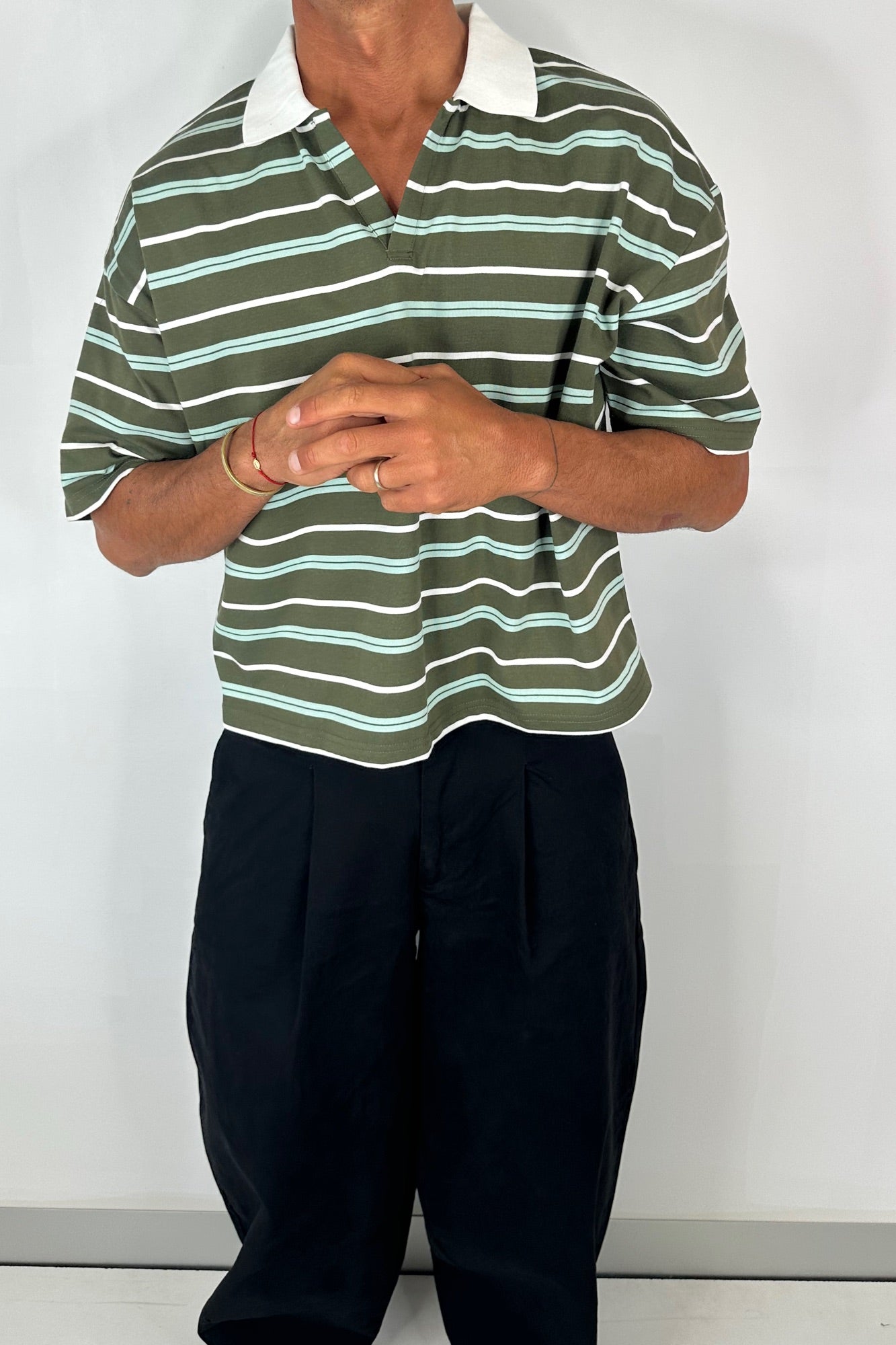 Jersey Crop Polo Olive Stripe