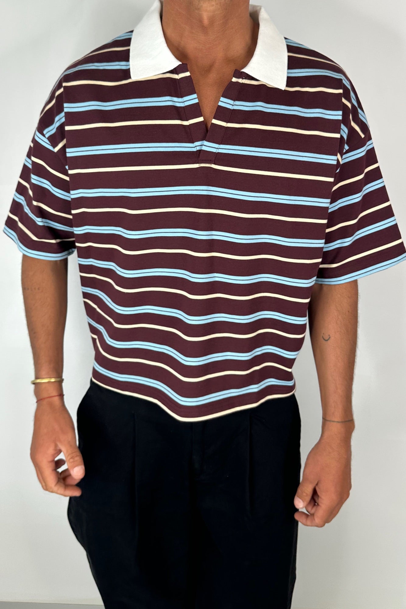 Jersey Crop Polo Wine Stripe