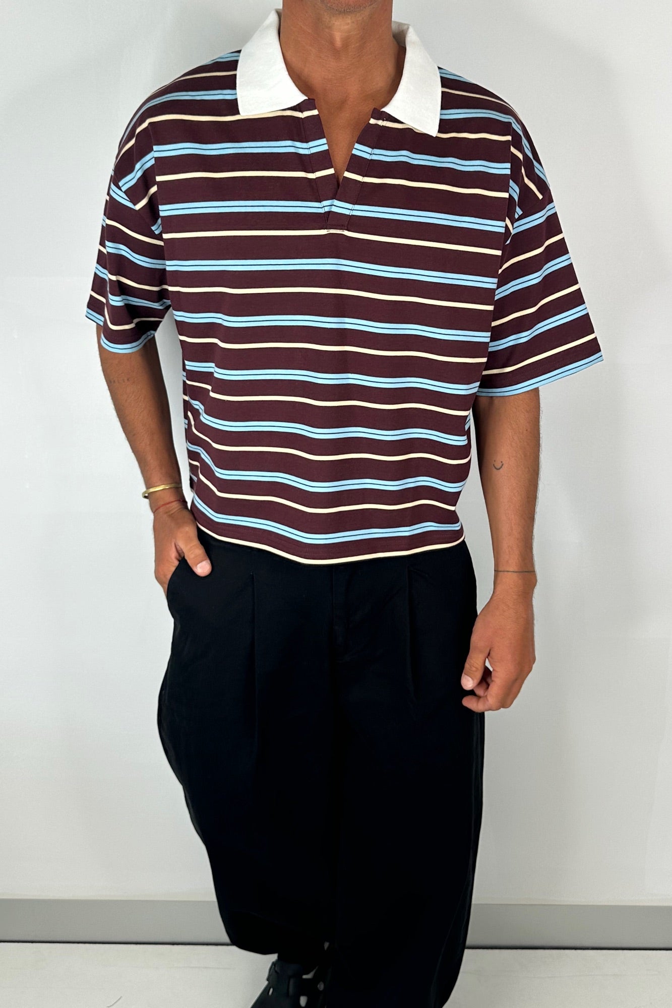 Jersey Crop Polo Wine Stripe