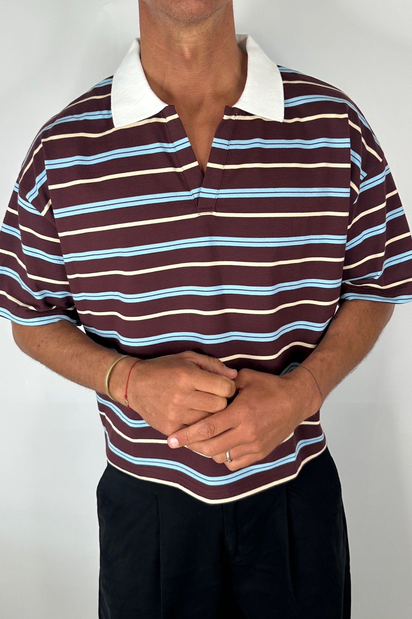 Jersey Crop Polo Wine Stripe