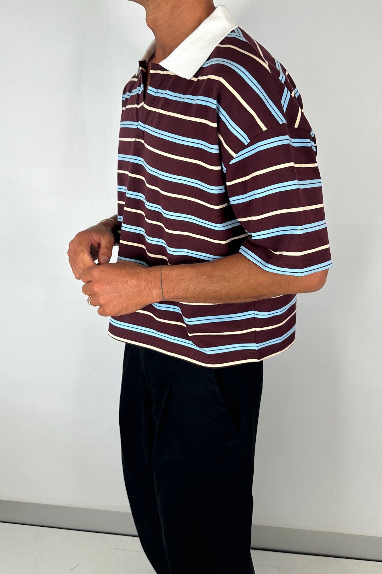 Jersey Crop Polo Wine Stripe