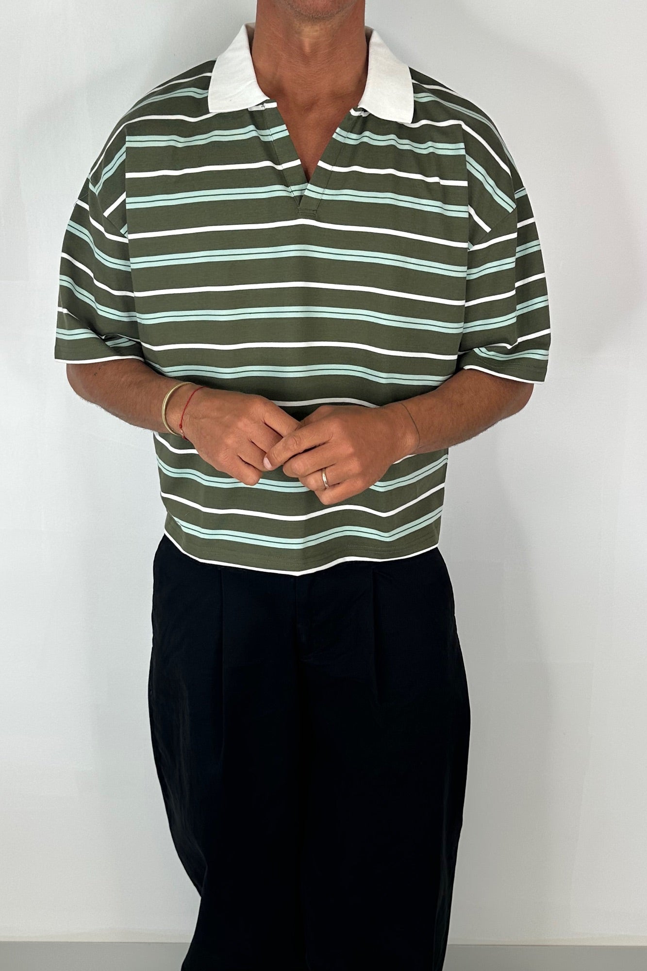 Jersey Crop Polo Olive Stripe