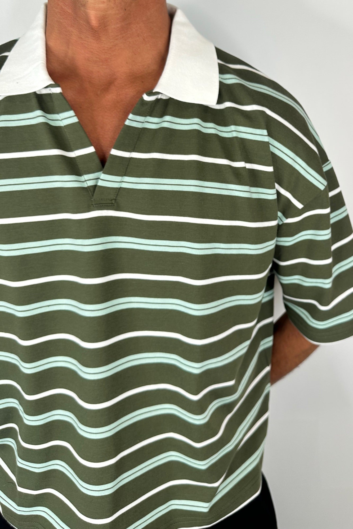 Jersey Crop Polo Olive Stripe